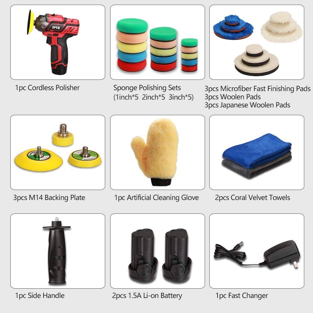 SPTA 12V Cordless Car Polisher Tool Sets, Cordless Drill Variable Speed Polisher and Buffer,1500mAh Li-ion Battery with Fast Charger and Polishing Pads for Car Detailing and Paint Polishing Pack of 2