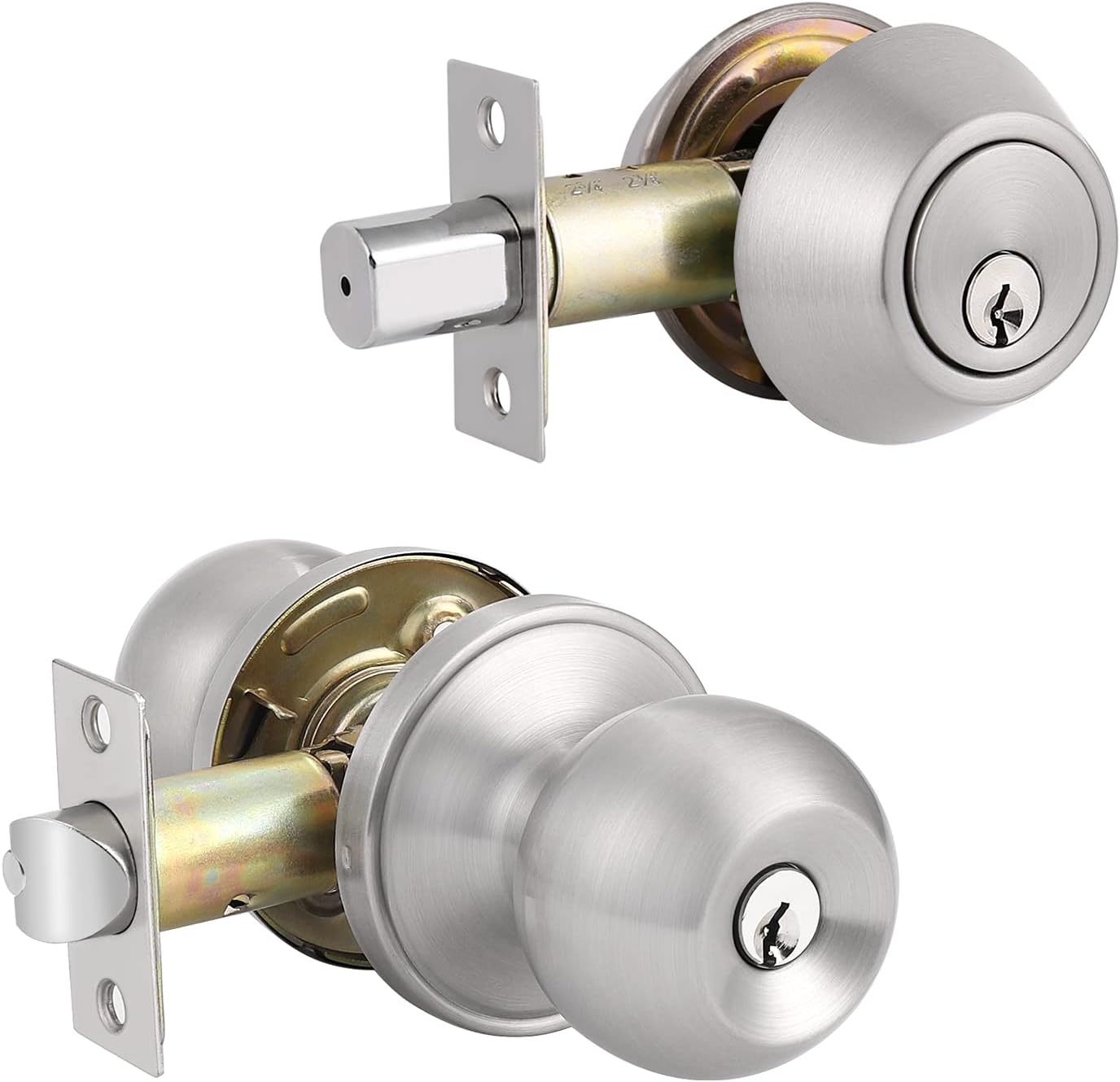 2 Pack Entry Door Knobs with Double Cylinder Deadbolt, Same Keys One Keyway Door Handlesets, Satin Nickel Finish-Keyed on Both Side Pack of 2