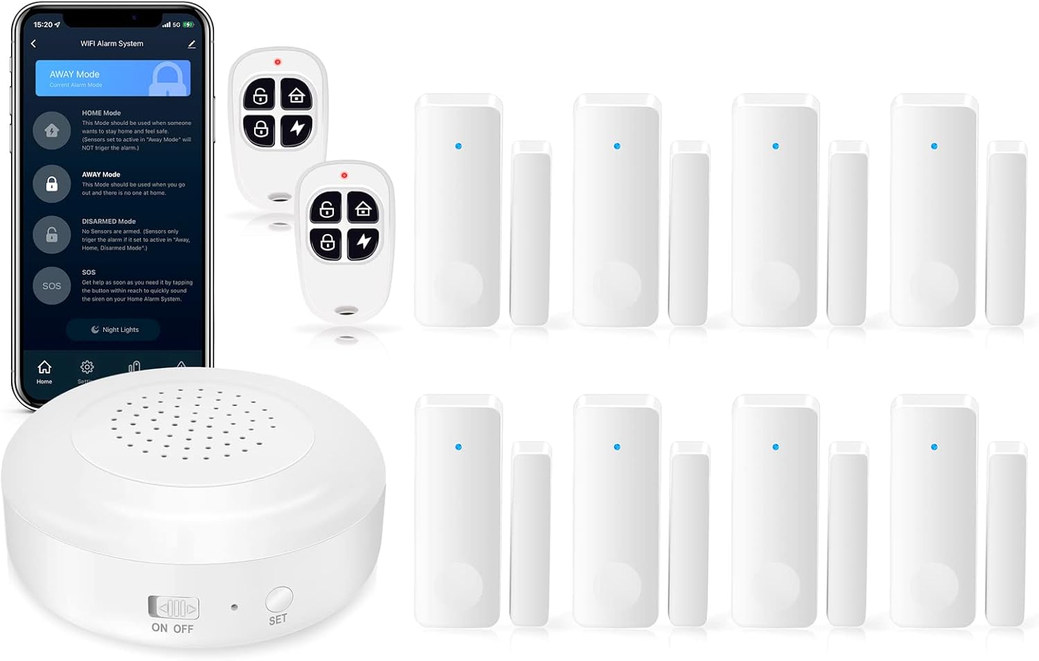 SKK Home Security System (2nd Gen), 11-Piece Wireless Alarm System Kit, Alarm Siren, Door/Window Sensor, Remote Control, Compatible with Alexa, DIY No Monthly Fee, for House Apartment Office