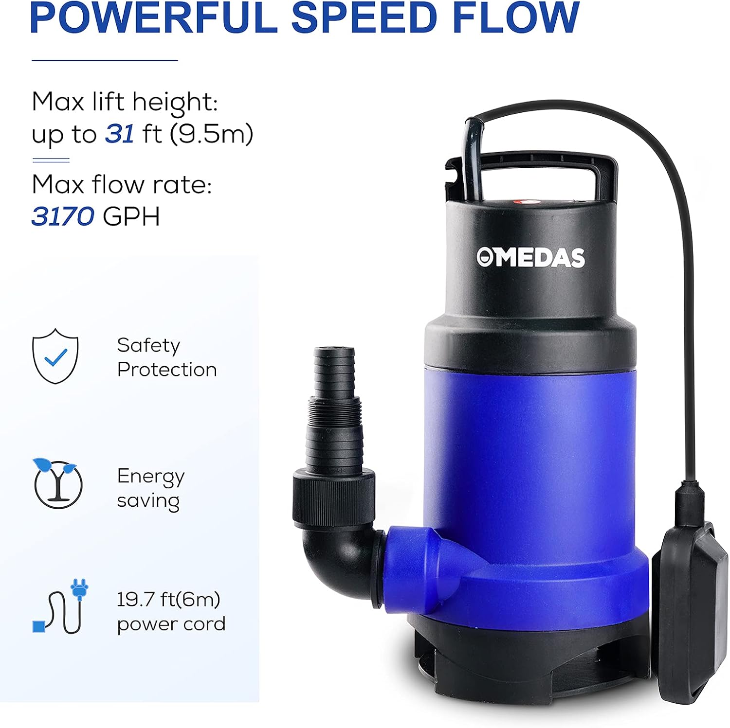MEDAS 1HP 750W 3170GPH Sump Pumps Submersible Water Pump Sewage Dirty Water Pump w/ Float Switch for Pool and Pond Draining Pack of 2