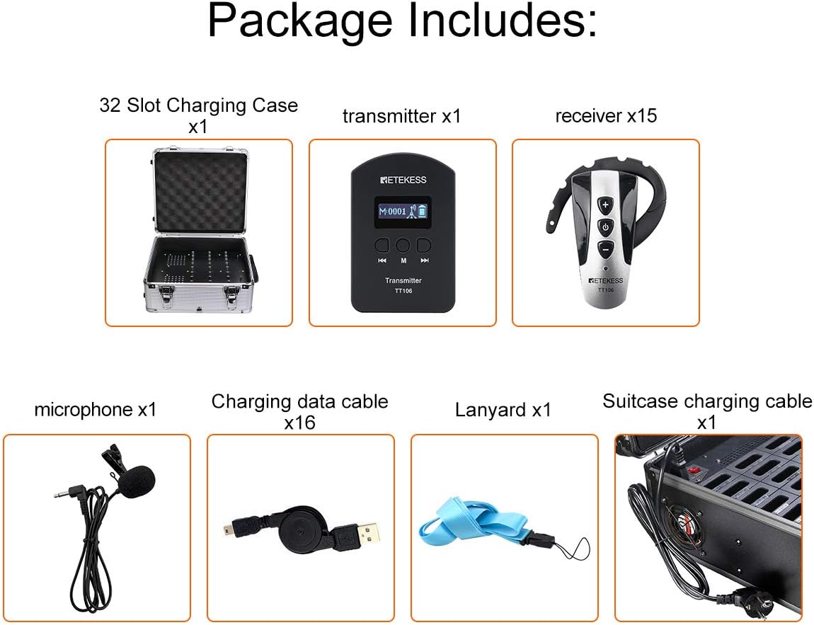 Case of 1 Transmitter and 15 Receivers 1 Charging Case,Retekess TT106,Wireless Tour Guide System,Church Translation System,Ear-Hook Mini Receivers,Training,Court,Government