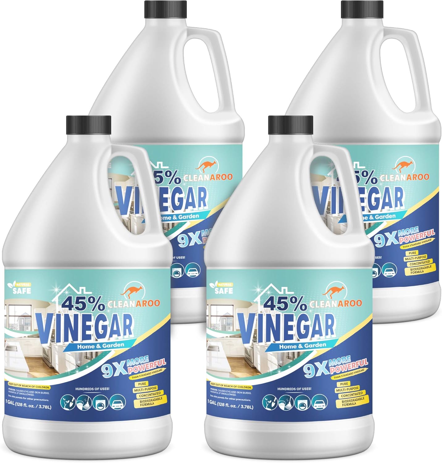 Cleanaroo 45% Concentration Vinegar, All-Natural Multipurpose General Cleaner (1 Gal, 4pk) Pack of 2