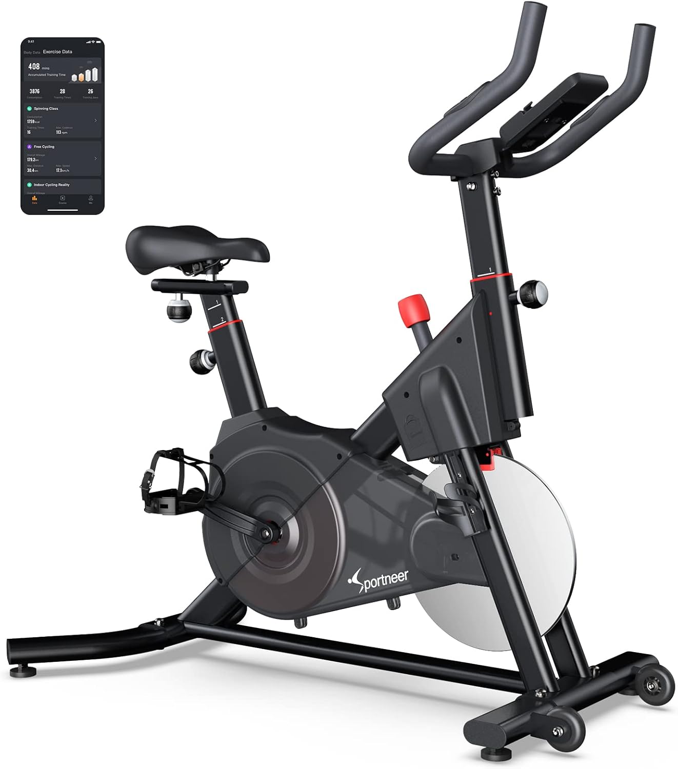 Sportneer Exercise Bike (Quiet), Indoor Cycling Bike Stationary Magnetic Resistance Spin Bike Cycle Workout Bikes for Home Gym, Aluminum Flywheel, Bluetooth & APP, 300 lb Capacity, Black