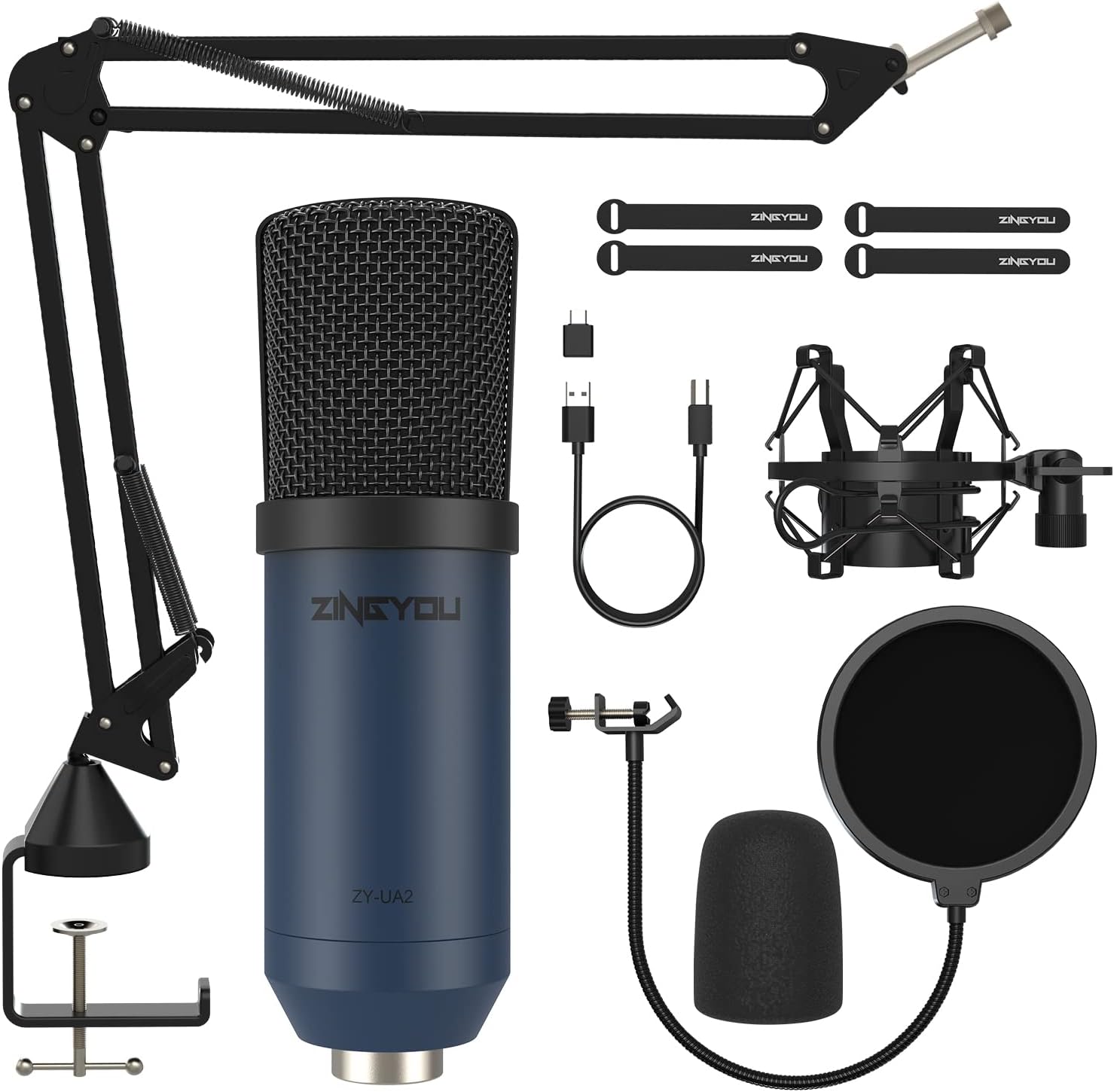 USB Condenser Microphone, ZINGYOU 96KHz/24Bit Plug & Play Cardioid Computer Mic Kit for PC Recording, Gaming, Live Streaming, Voice Over, YouTube, Twitch,with Upgraded Boom Arm, ZY-UA2 (Black) Pack of 2