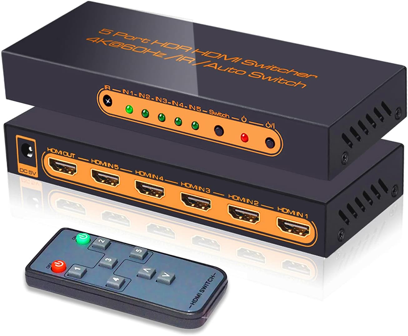 (Newest Version) SkycropHD 4K@60Hz HDMI Switch Audio Extractor with Optical + 3.5mm AUX Output, 5 in 1 Out HDMI Switcher Converter Support ARC, HDCP 2.2, HDR10, Dolby Visio, Dolby Atmos Pack of 2