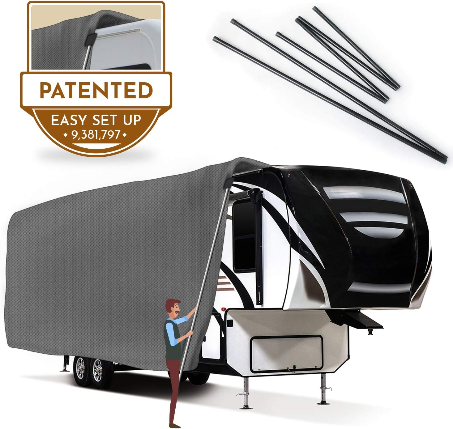 XGEAR Easy Setup 5th Wheel RV Cover Thick 3-Ply Top Panel - Ripstop Waterproof with a Pair of Assist Steel Pole (26'-29')