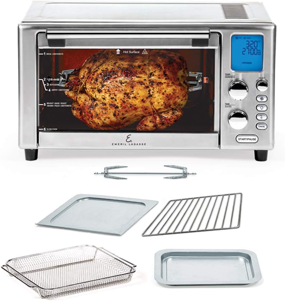 Emeril Lagasse Power Air Fryer 360 Better Than Convection Ovens Hot Air Fryer Oven, Toaster Oven, Bake, Broil, Slow Cook and More Food Dehydrator, Rotisserie Spit, Pizza Function Cookbook Included (Stainless Steel)