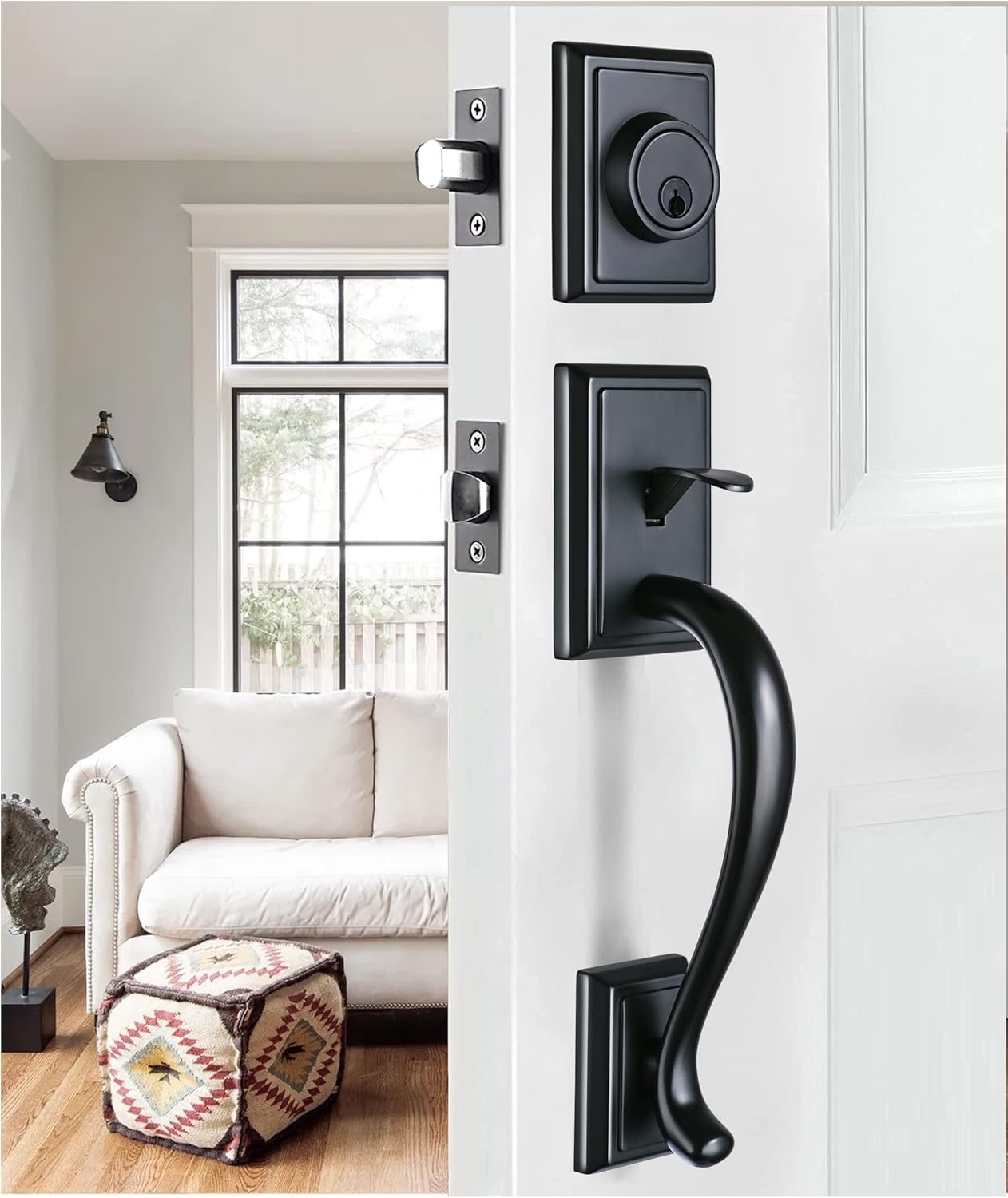 Matte Black Lockset -Double Door Handleset -with Single Cylinder Deadbolt Lock and Halifax Lever in Iron Black Finish Lockset feating Key-Alike Function