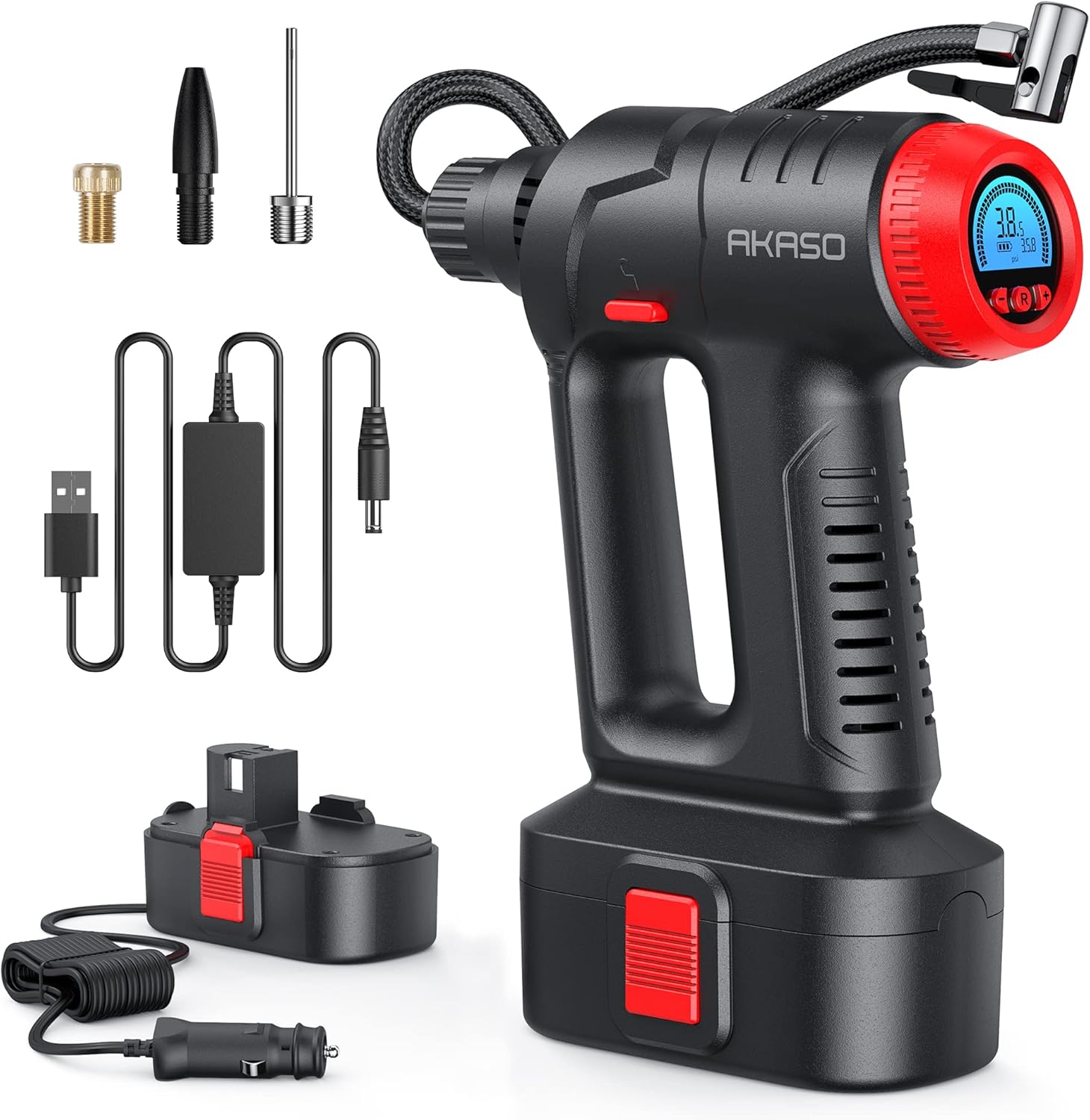 AKASO Tire Inflator Portable Air Compressor Cordless Car Tire Pump with Rechargeable Li-ion Battery Digital Pressure Gauge LED Light Automatic Shut-Off Air Pump for Car Bicycle and Other Inflatables Pack of 2
