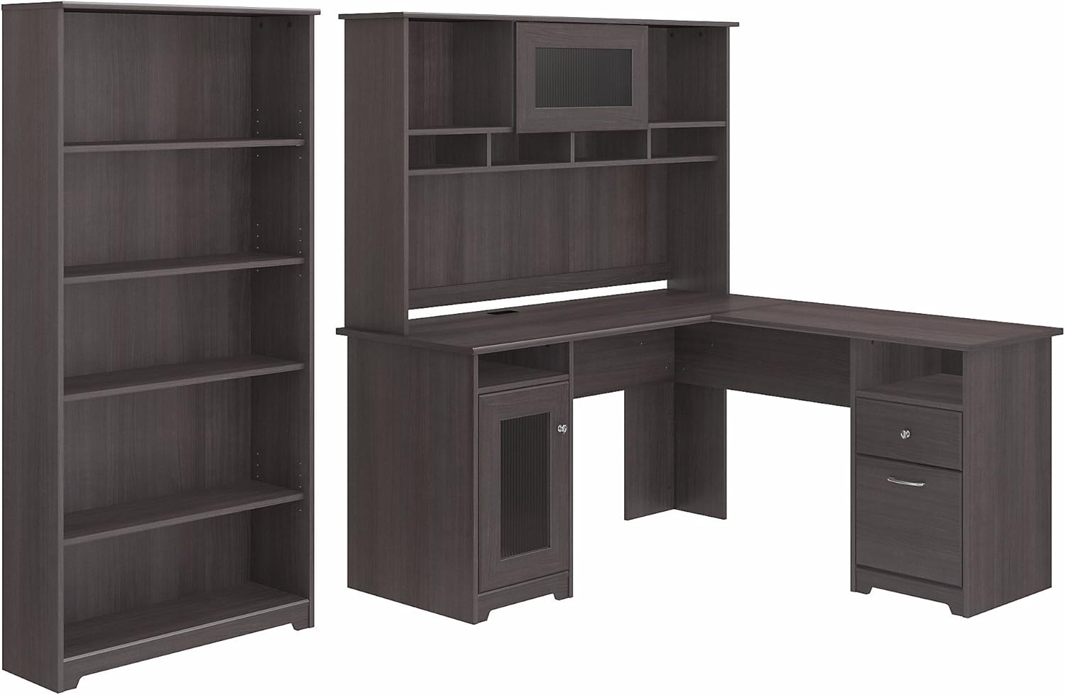 Cabot L Shaped Desk with Hutch and 5 Shelf Bookcase in Espresso Oak
