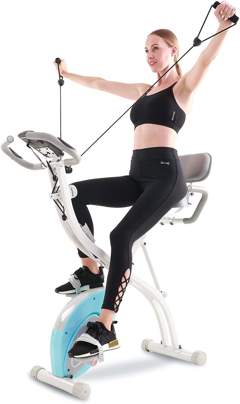 Folding Exercise Bike, Magnetic Bicycle Equipment, 2-in-1 Foldable Upright Stationary Bike with Arm Workout for Home