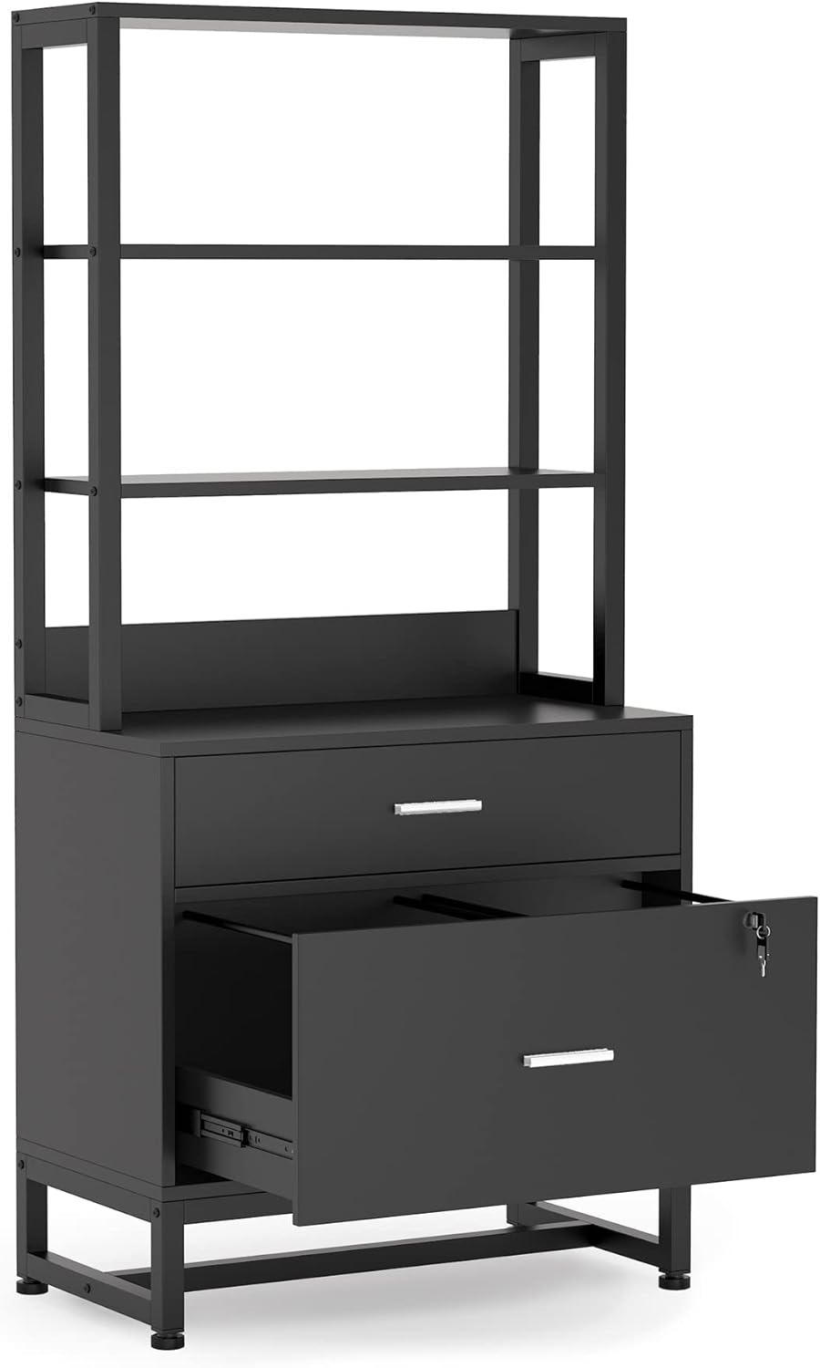 Tribesigns 2 Drawer Lateral File Cabinet with Lock, Letter Size Large Modern Filing Cabinet Printer Stand with Open Storage Shelves for Home Office, Black