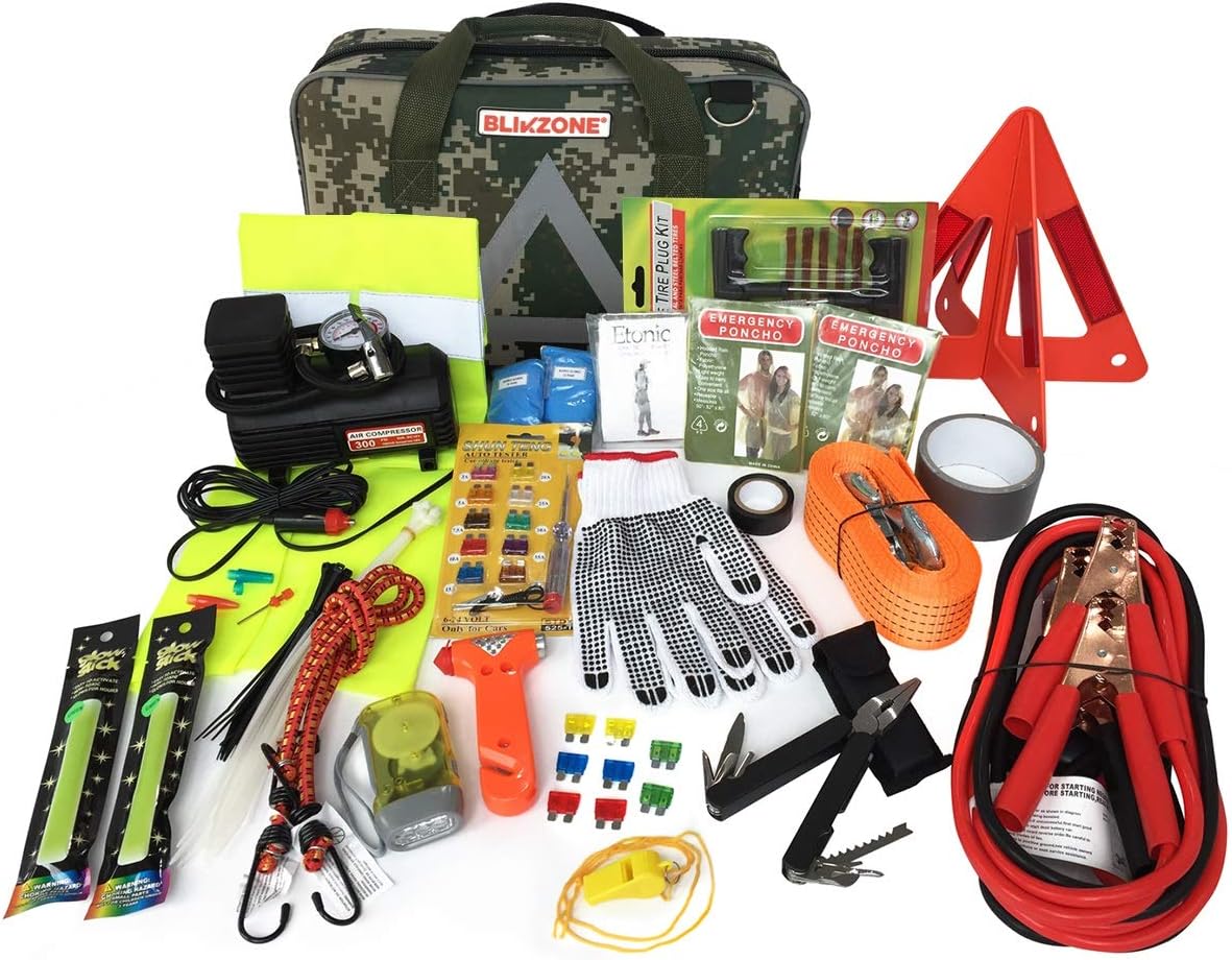 BLIKZONE Auto Roadside Emergency car kit Camo 81 Pc for Vehicle Emergency: Portable Air Compressor, Jumper Cables, Tire Repair Kit, Led Flash Light and All Essential Tools to Travel and Drive Safely