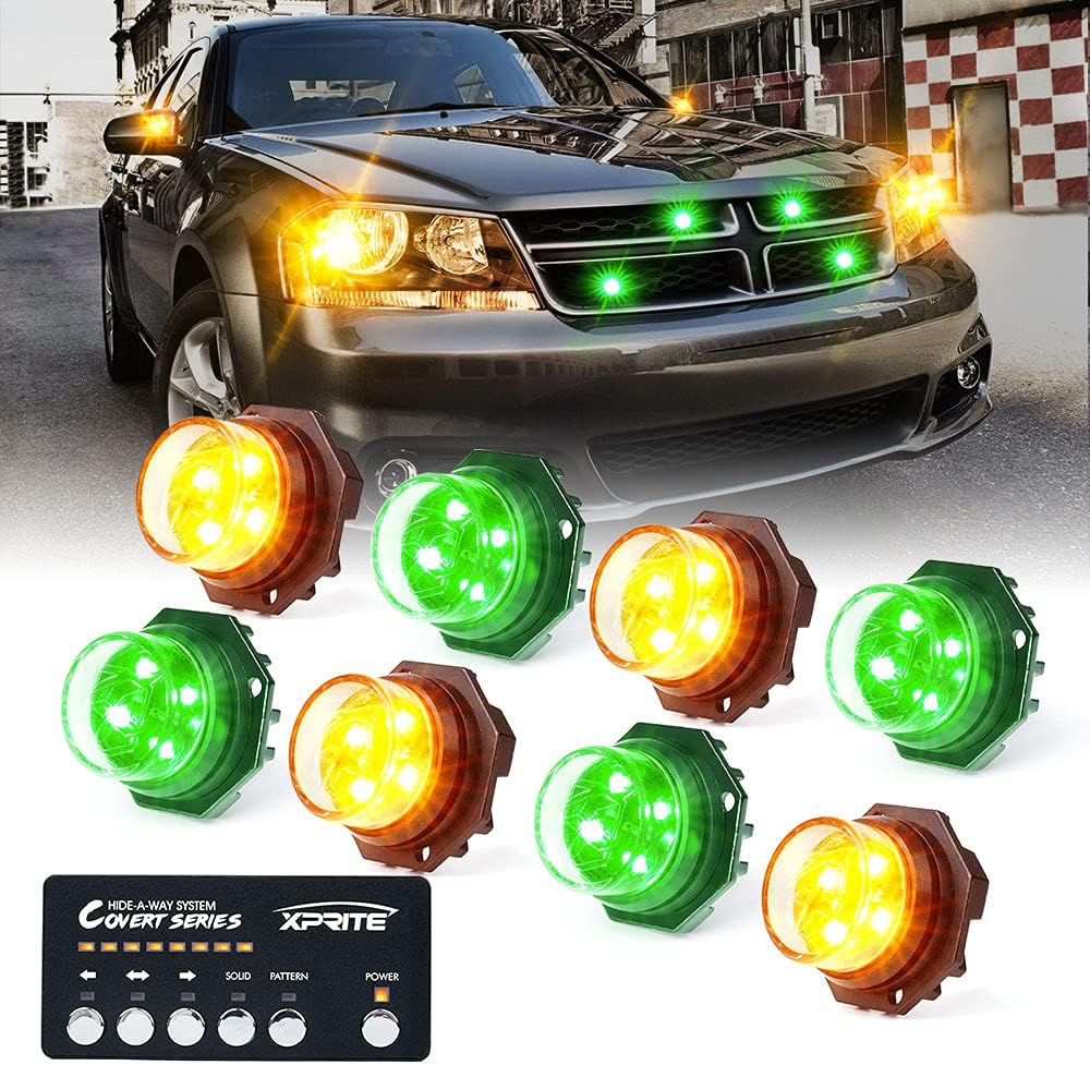 Xprite White Amber Yellow LED Hideaway Strobe Lights Kit 20 Flash Patterns Hazard Warning Light for Trucks, Police Cars, Emergency Vehicles - 4 PCs
