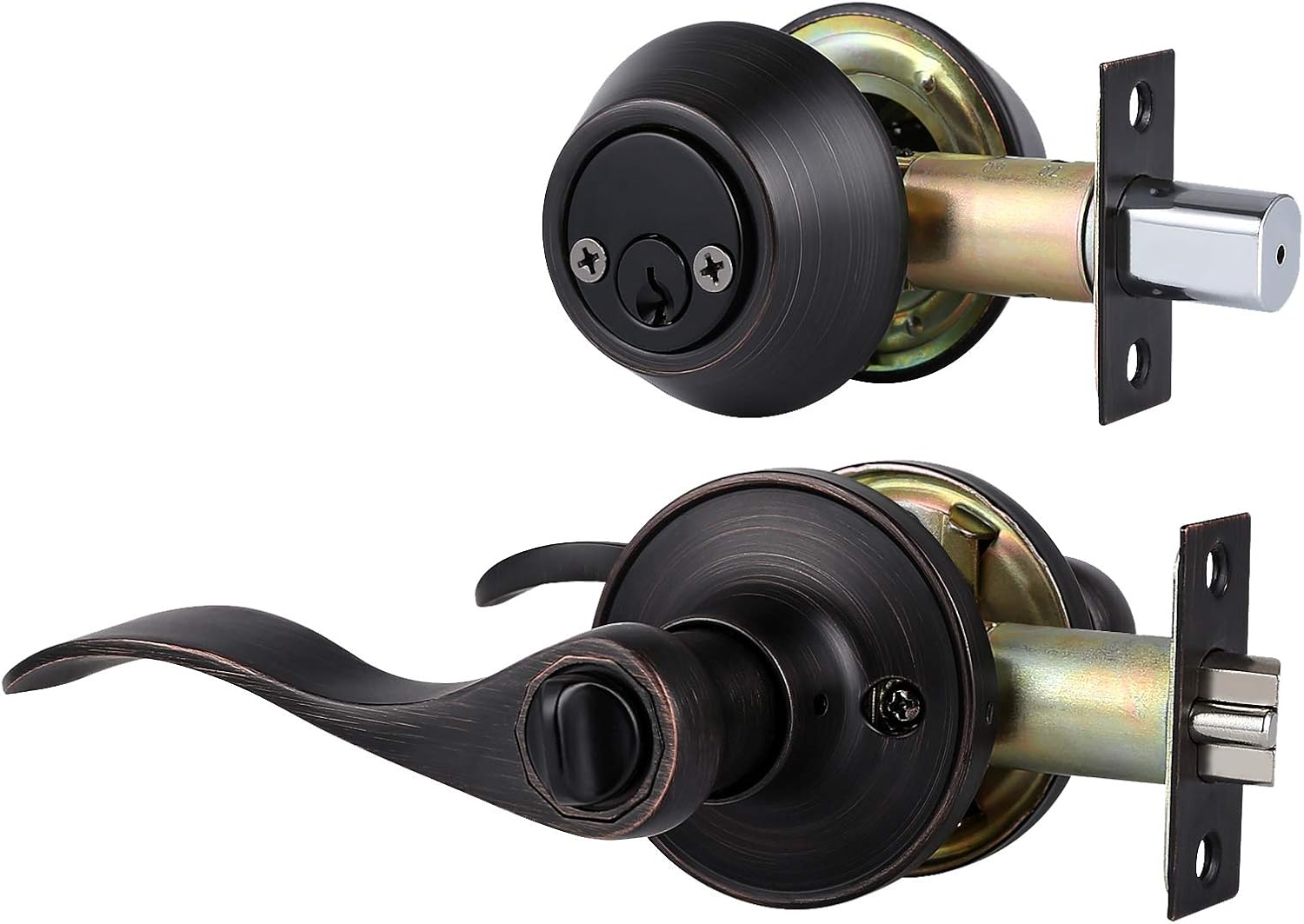 4 Pack Front Door Entry Lever Lock Set and Single Cylinder Deadbolt Keyed Alike Combination Set, Wave Style Door Lever Handle Set [Front Door or Office] Right & Left Sided Doors, Oil Rubbed Bronze