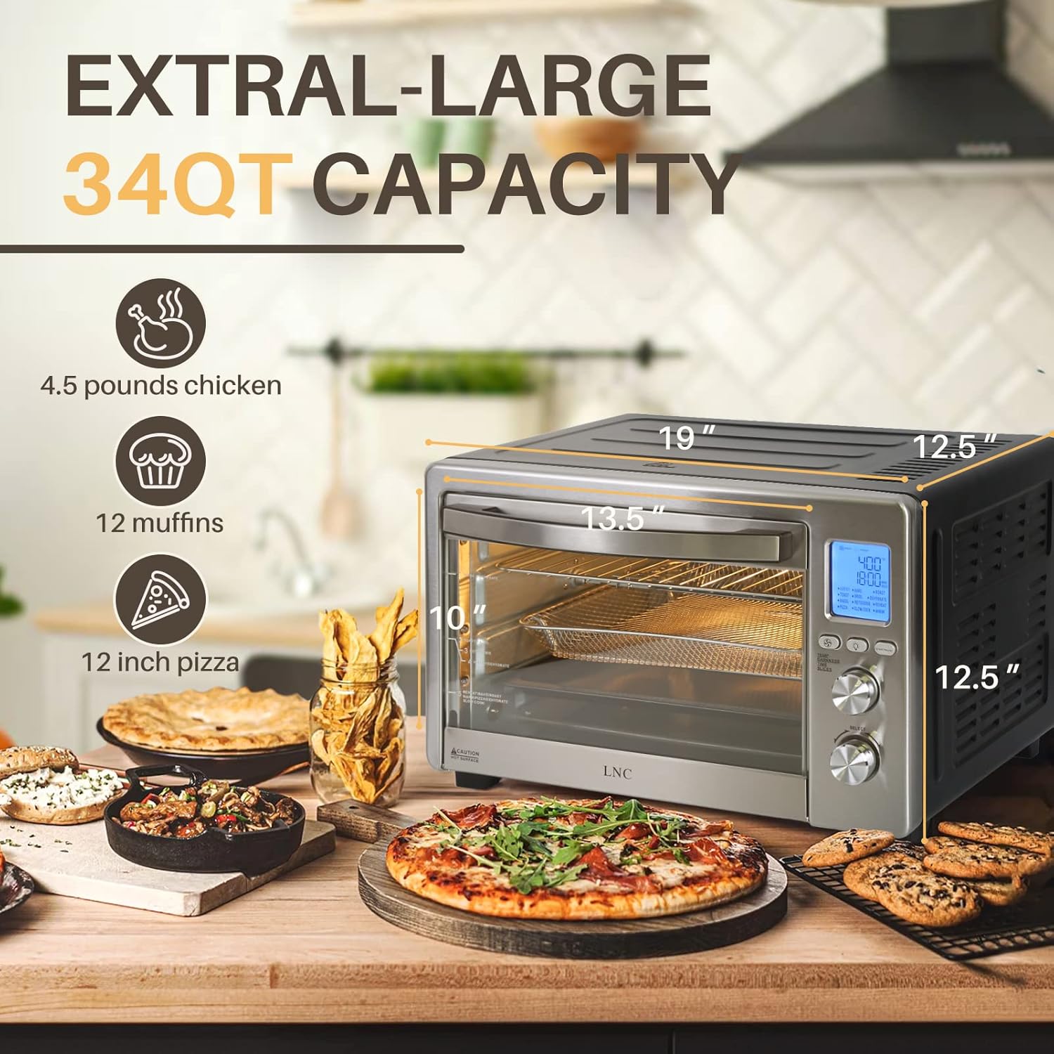 Toaster Oven, LNC 34QT Extra Large 1750W Air Fryer Oven with 12 Cooking Functions, Super Hot Air Convection Oven- A05000B