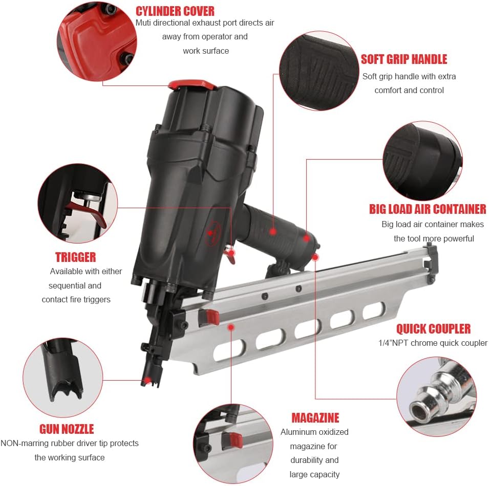AEROPRO TOOLS Pneumatic Framing Nailer RHF9021, 21 Degree plastic collated nails from 2-Inch to 3-1/2-Inch With Tool-Free Depth Adjust,No Mar Tip and Rafter Hook