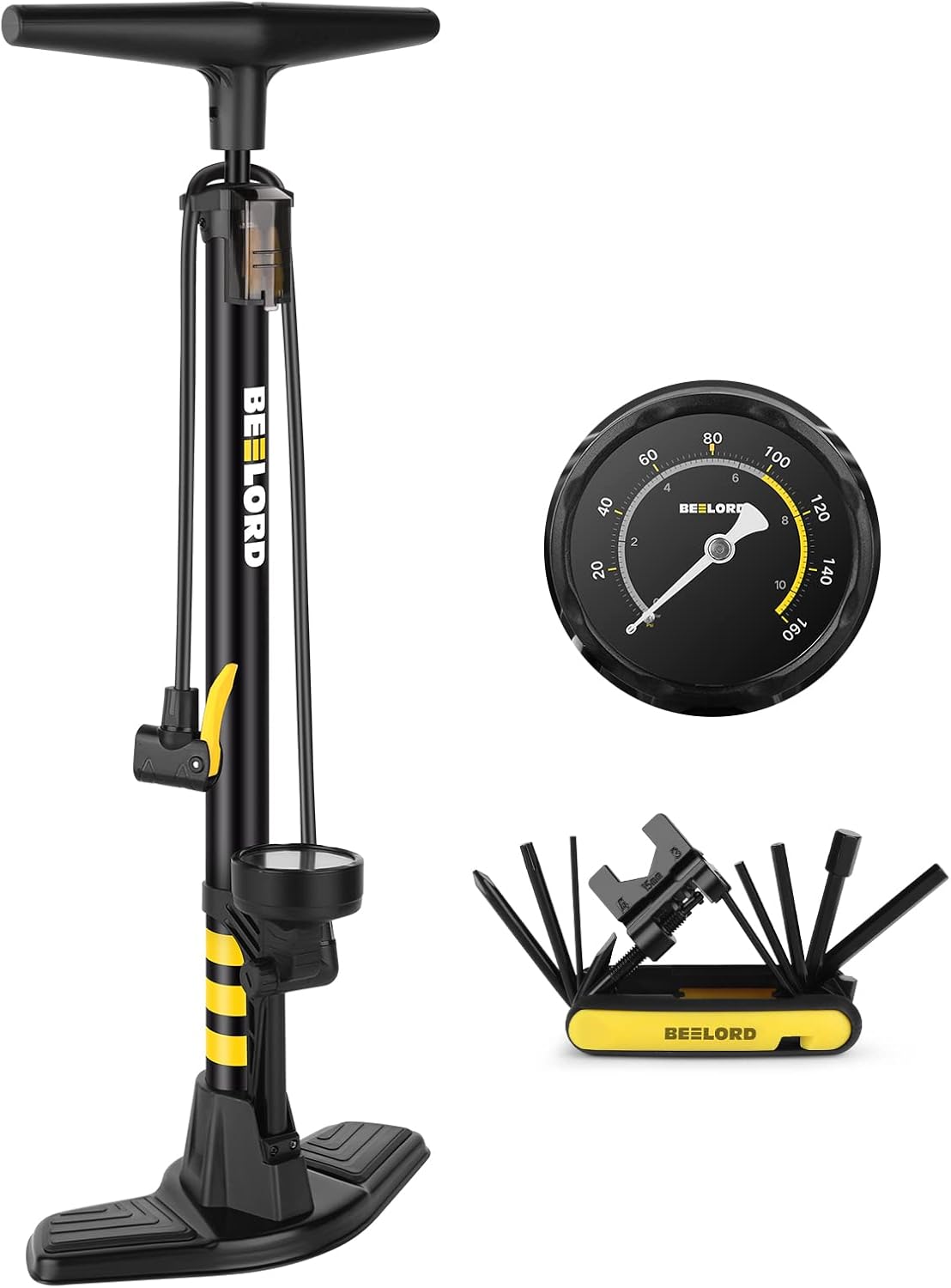BEELORD Aluminum Bike Pump - Floor Bicycle Tire Pump with Gauge,High Pressure 160PSI, Air Ball Pump Inflator ,Contains Bike Multi Tool,Twin Valve Head Fits Schrader and Presta. Pack of 2