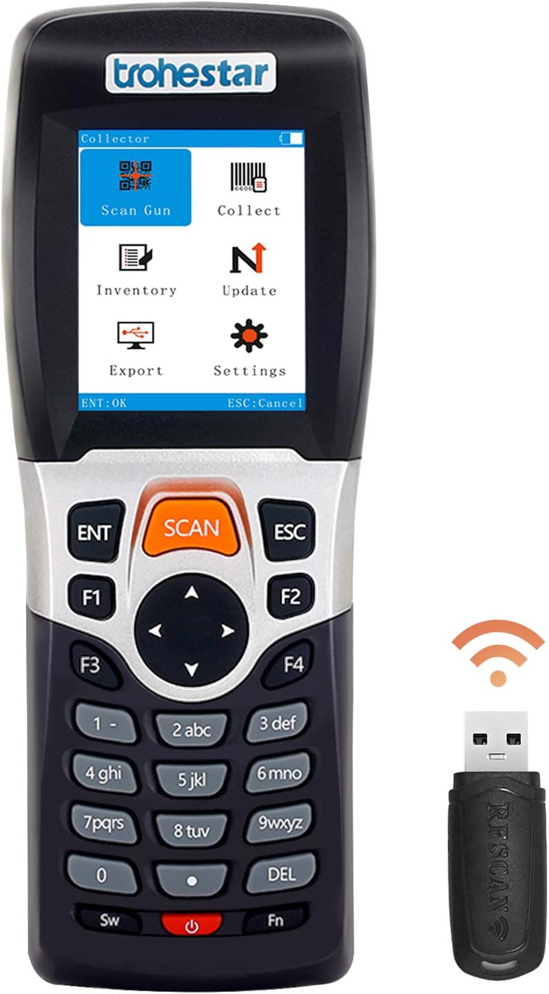 Trohestar Wireless Barcode Scanner and Collector Portable Data Terminal Inventory Device USB Barcode Scanner 1D PDT with 2.2 Inch TFT Color LCD Screen