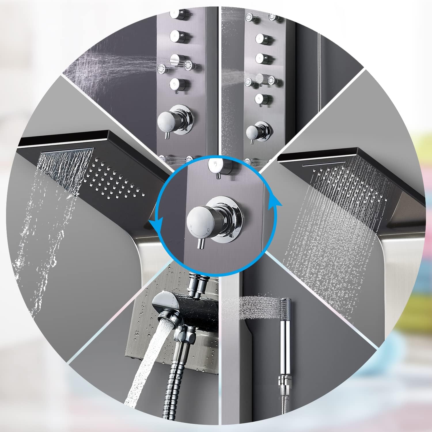 FEEYUE Shower Panel Tower System Real #304 Stainless Steel Wall Mount,Shower Unit, Rainfall Waterfall,Multi-functional Sprayer,6 Adjustable Massages Jets,Hand Shower and Tub Spout