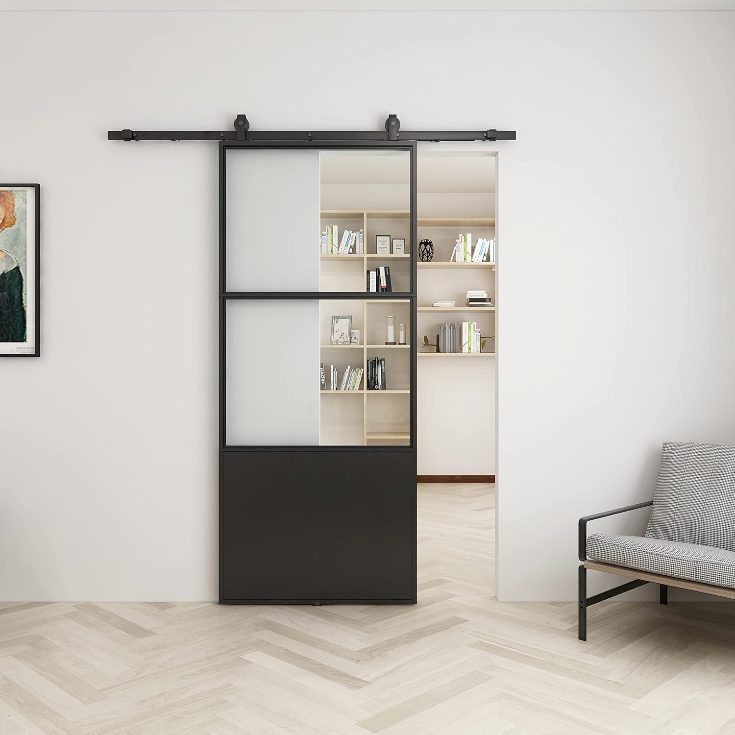 BARNSMITH 36in x 84in Metal Glass Barn Door with 6FT Top Mounted Hardware kit Soft Close Mechanism Black Carbon Steel Clear Tempered Glass Sliding Door Assemble Required Easy Installation