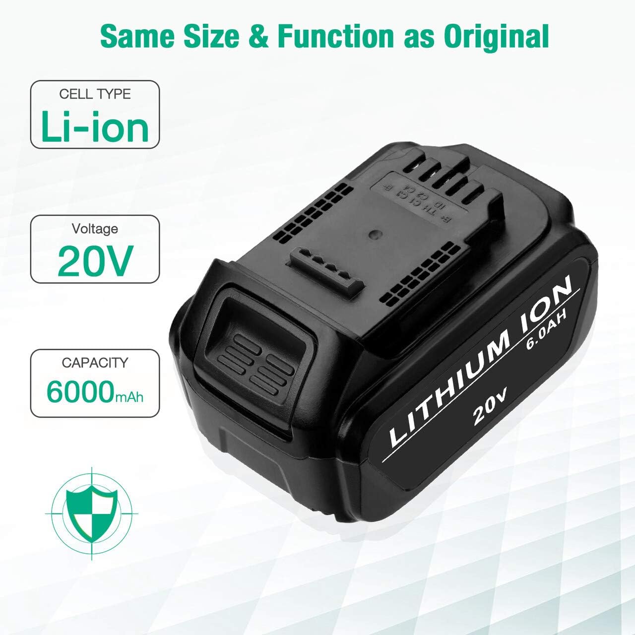FirstPower Upgraded 6.0Ah Battery Replace DCB205 DCB204 - Compatible with Original 20V Cordless Power Tools DCB180 DCB200 DCB204-2 DCB205-2 DCB206 DCD/DCF/DCG Series - Li-ion 2 Pack Pack of 2