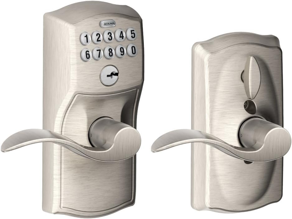 SCHLAGE Satin Nickel FE595VCAM619ACC Camelot Keypad Entry with Flex-Lock and Accent Levers