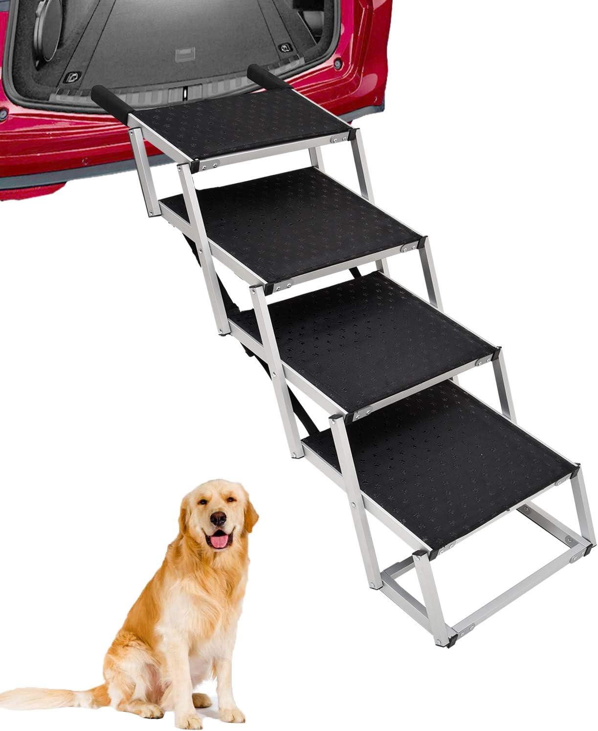 Portable Dog Stairs for Large Dogs, Foldable Aluminum Lightweight Pet Ramps,Accordion Pet Ladder Dog Car Steps with Non-slip Surface for High Beds, Trucks, Cars and SUV, Supports up to 200 lbs