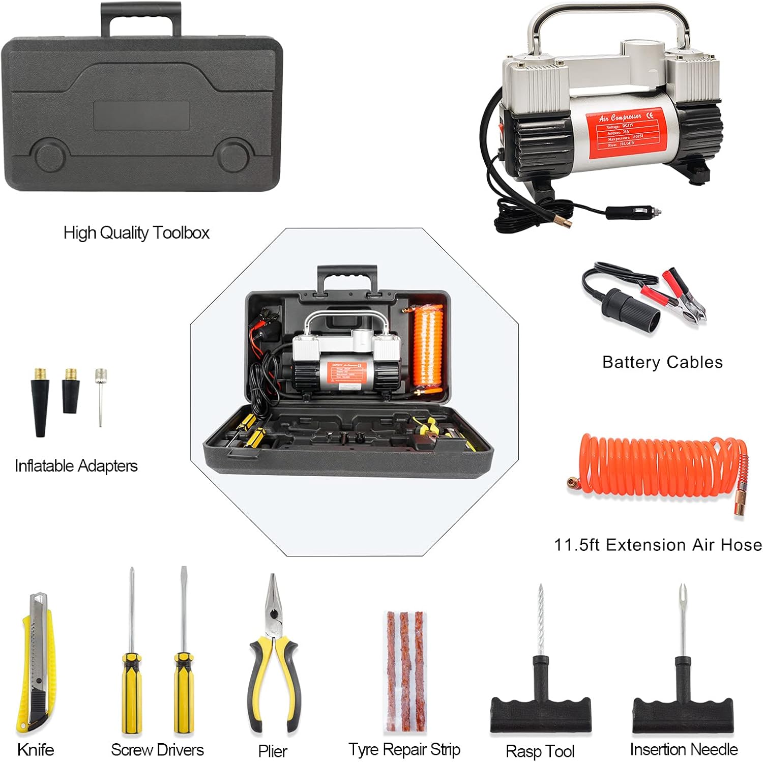 GSPSCN Portable Air Compressor Dual Cylinder Tire inflator,12V DC Heavy Duty Air Pump with 11.5ft Extension Air Hose and Tire Repair Kit for Car, Truck, RV,SUV Tires, Dinghy, Air Bed etc Pack of 2