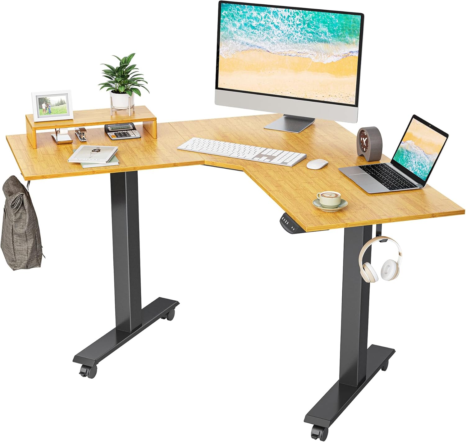 FEZIBO Dual Motor L Shaped Electric Standing Desk, 48 Inches Height Adjustable Corner Desk, Home Office Sit Stand Desk with Bamboo Top and Black Frame