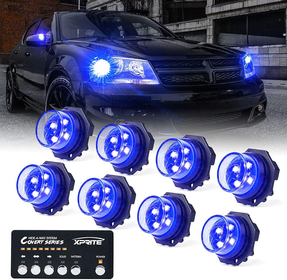Xprite White Amber Yellow LED Hideaway Strobe Lights Kit 20 Flash Patterns Hazard Warning Light for Trucks, Police Cars, Emergency Vehicles - 4 PCs