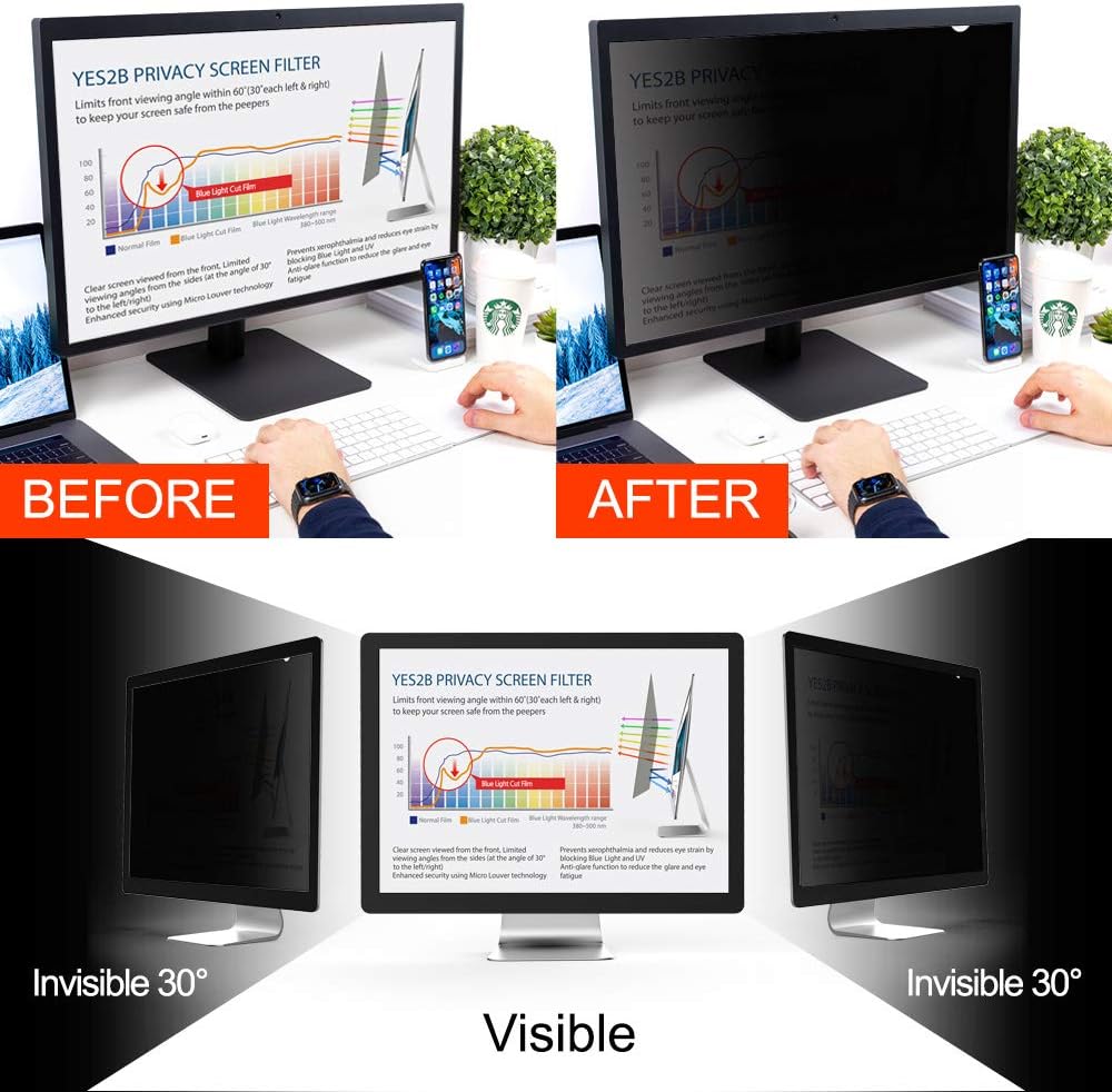 YES2B 26 Inch Monitor Privacy Screen Filter for 16:10 Widescreen Display - Computer, Monitor, Desktop PC, Anti Spy, Blue Light Blocking and Anti Glare Protector, Anti-Peeping Shield, Made in Korea Pack of 2