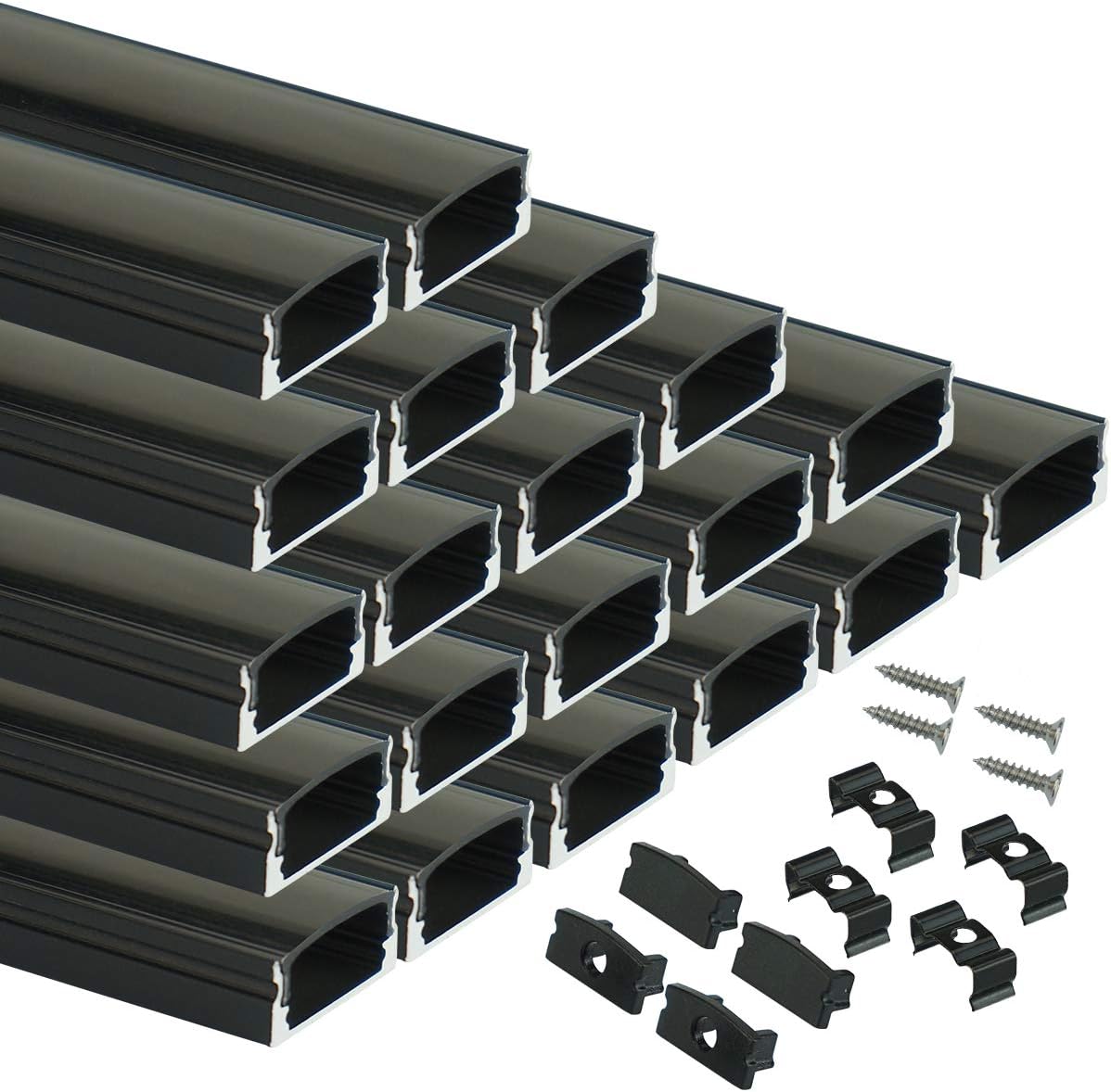 Muzata 20Pack 6.6FT/2M Black LED Aluminum Channel System with Smoke Transparent Cover,Extrusion Track Housing for Strip Light U Shape Profile U1SW BB 2M,LU1 L2M