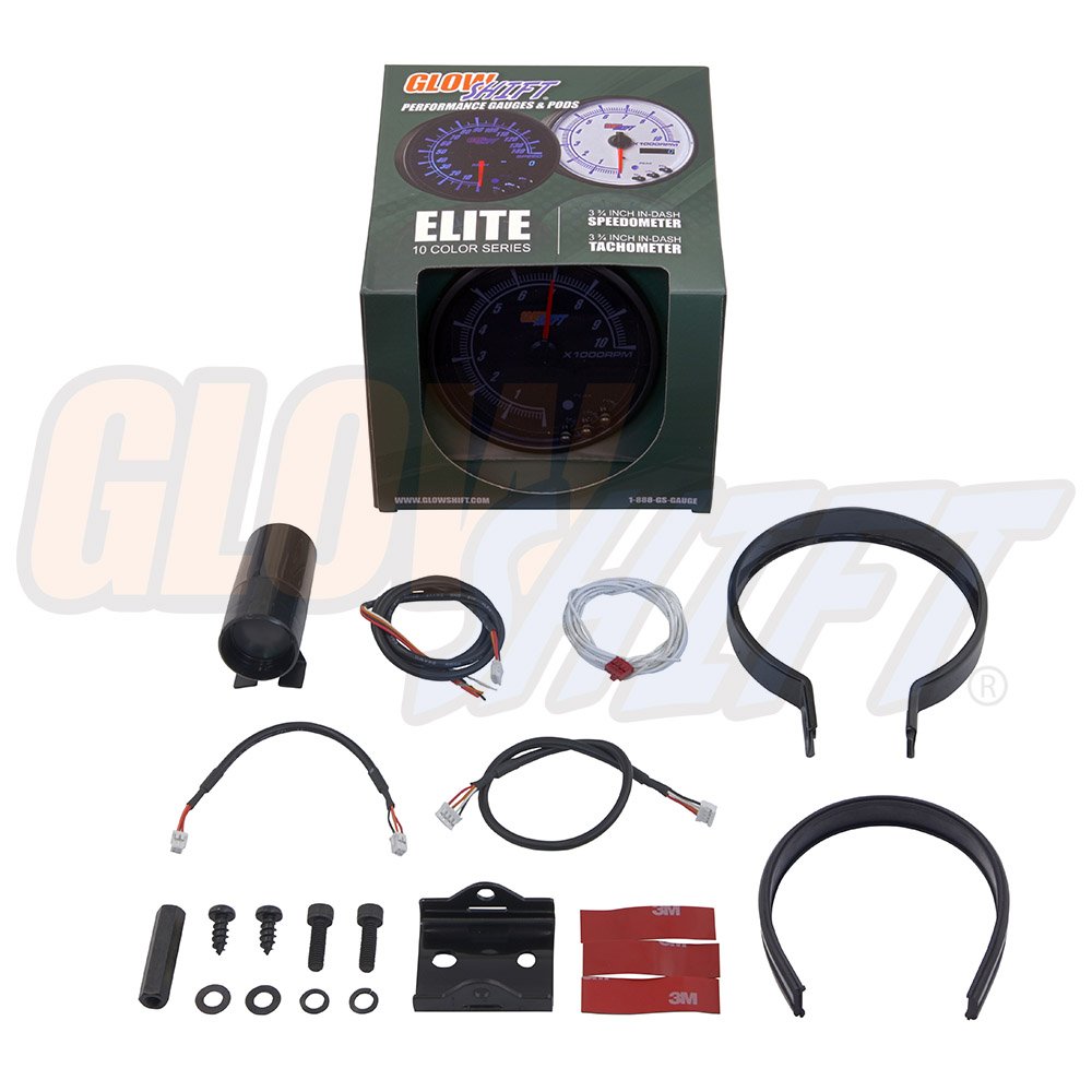 GlowShift Elite 10 Color 10,000 RPM Tachometer Gauge - Includes Shift Light - Mounts in Custom Dashboard - for 1-10 Cylinder Gas Powered Engines - Black Dial - Tinted Lens - Peak Recall - 3-3/4