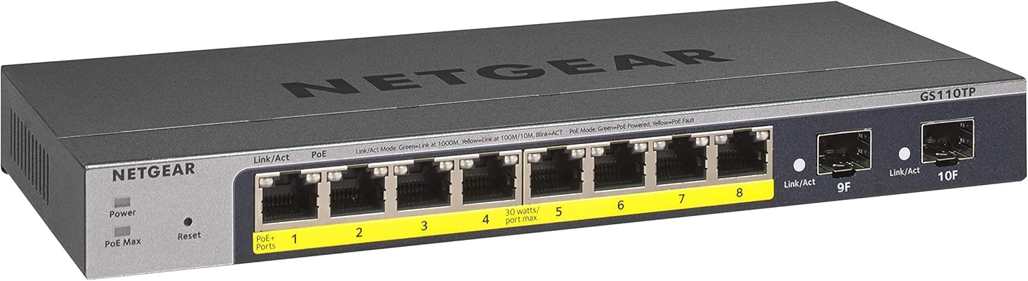 NETGEAR 8-Port PoE Gigabit Ethernet Smart Switch (GS110TP) - Managed with 8 x PoE+ @ 55W, 2 x 1G SFP, Desktop