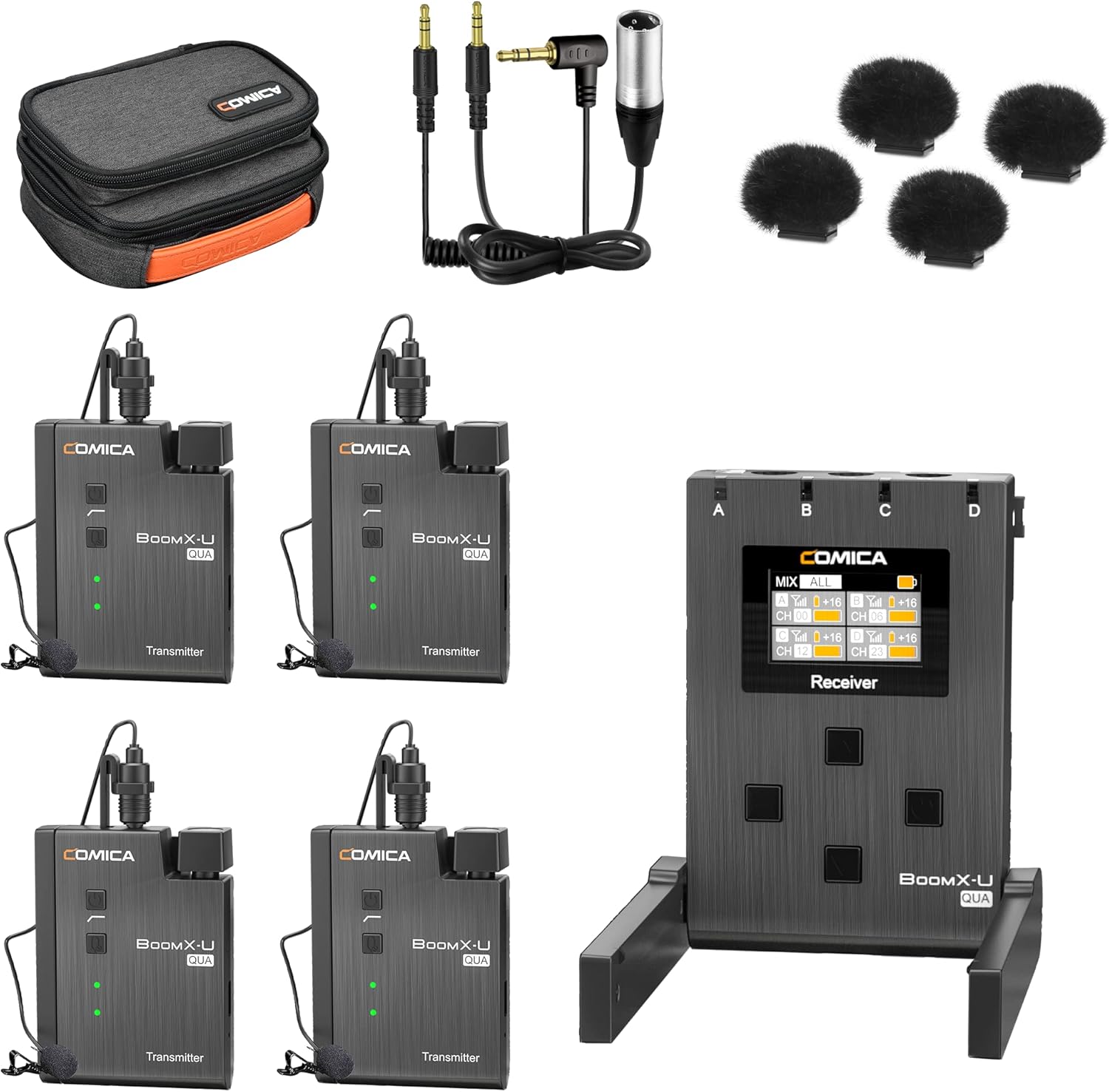 UHF Wireless Lavalier Microphone, Comica BoomX-U2 Qua Wireless Microphone for Camera Smartphone Camcorder, Wireless Lapel Mic with 4 Transmitters and 1 Receiver for Movies Interview Conference