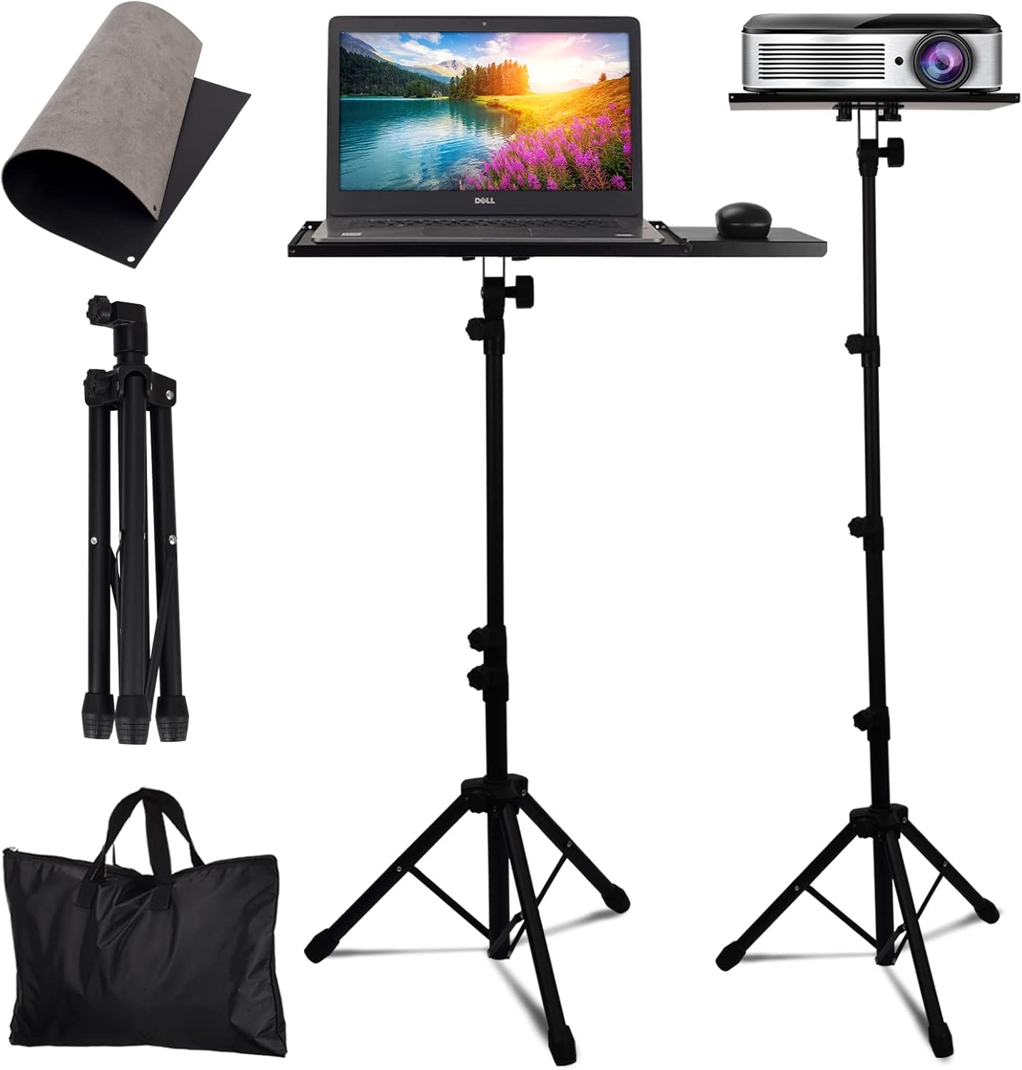 Projector Tripod Stand - Universal Tripod Stand for Projector and Laptop - Standing Laptop Stand with Connecting Mouse Tray and Adjustable Height from 23-63 inches - Tripod Desk for Stage and Studio Pack of 2