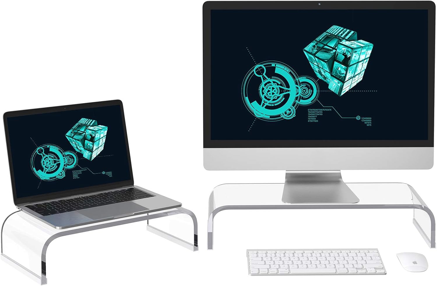 Dual Acrylic Transparent Clear Corner Computer Monitor Stand Riser 2Pack 20” and 15” Multi-Functional DIY Desktop Stand Riser Organizer with Anti-Slip Case for TV Screen PC Laptop Printer 2-Pack Pack of 2