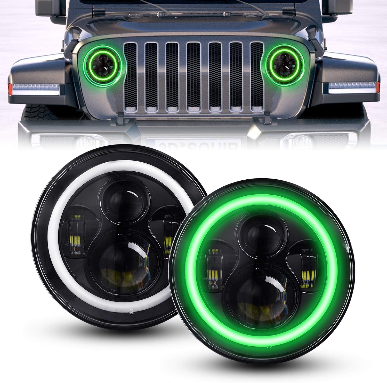 DOT Approved 7 Inch Round LED Headlight High Low Beam Compatible with Wrangler 97-2017 JK TJ LJ JKU Rubicon Sahara Hummer H1 H2, 2 PCS (Green Halo)