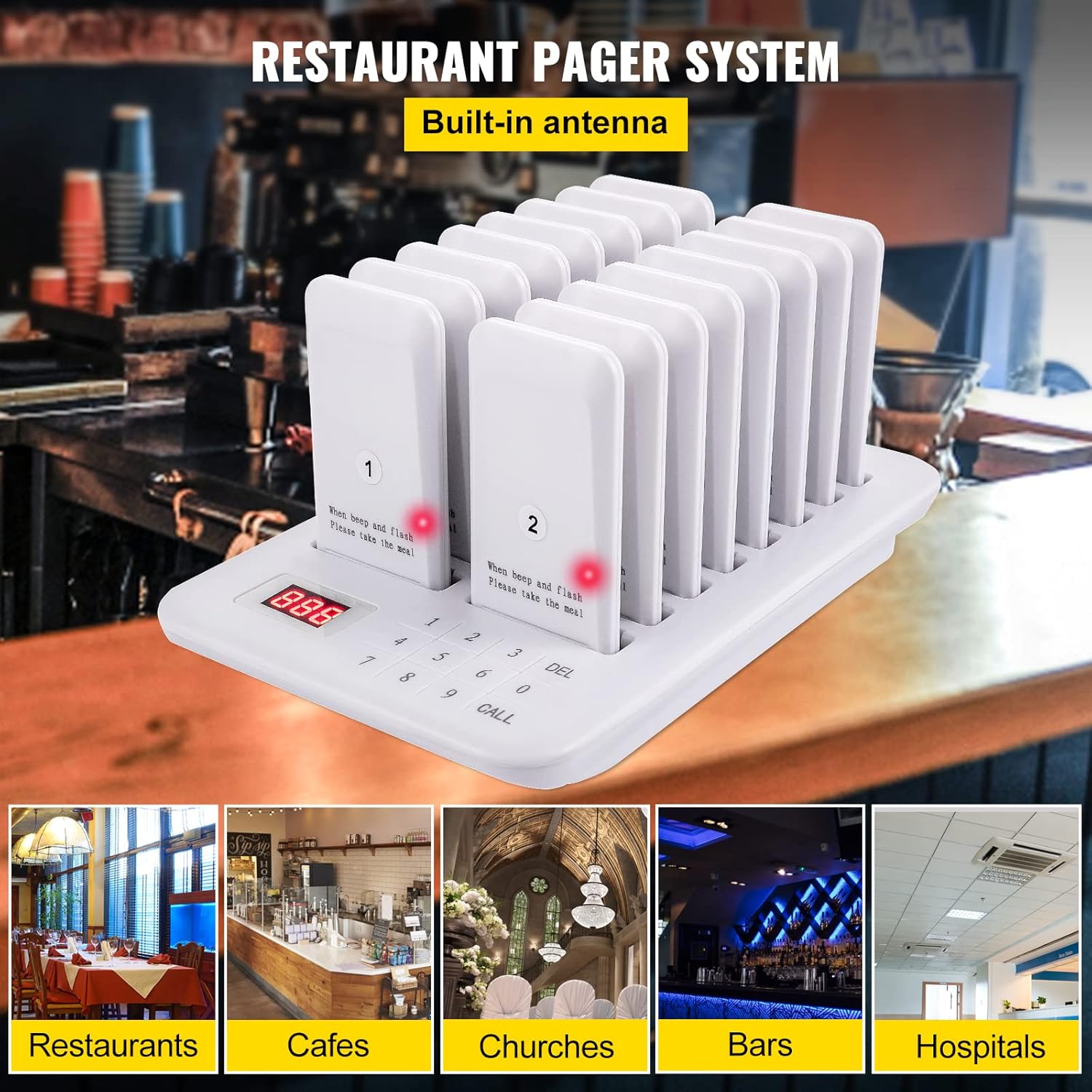 VEVOR Restaurant Pager System 16 Coasters Max 98 Nursery Pager Wireless Paging Queuing Calling System 350-500m with Vibration, Flashing and Buzzer for Social Distance Food Truck Hotels Cafes