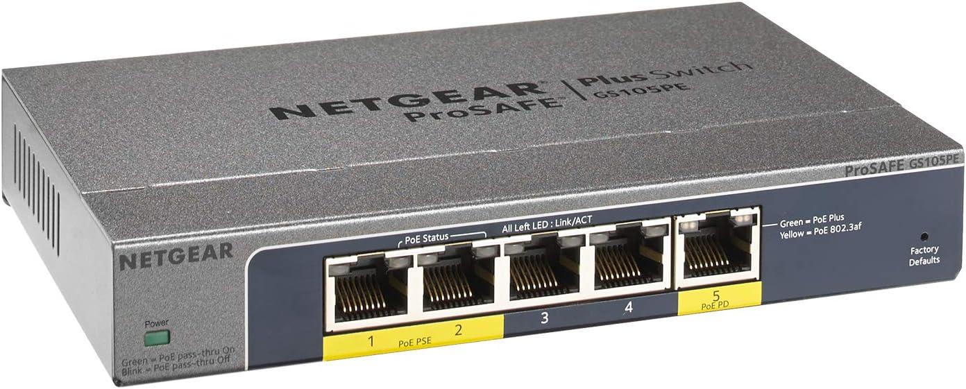 NETGEAR 5-Port PoE Gigabit Ethernet Plus Switch (GS105PE) - Managed, with 2 x PoE PD Powered @ 19W Pass-thru, Desktop or Wall Mount, and Limited Lifetime Protection Pack of 2