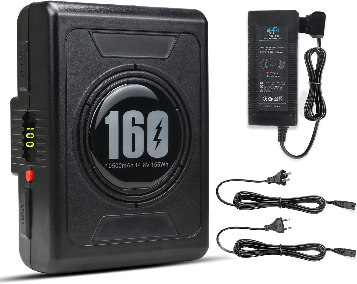 REYTRIC 155Wh(10500mAh) Gold Mount Battery with D-tap Charger and D-Tap Output Cable for DSLR Camera Camcorder Broadcast LED Light Replacement Brick