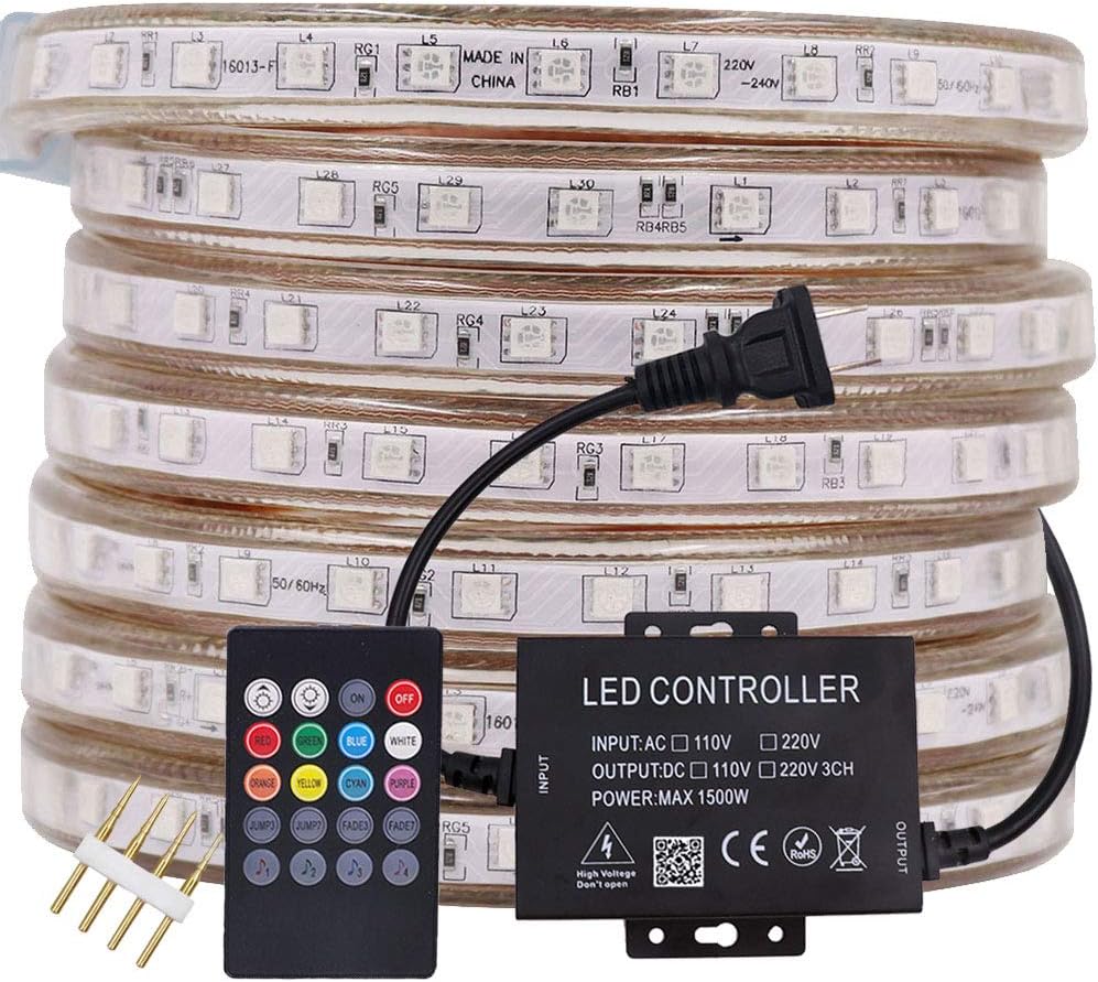 Xunata LED Strip Lights, Bluetooth Control RGB 110-120V SMD 5050 60 LEDs/m Waterproof Rope Light Strip with 20Key IR Remote, Work with iOS & Android Music Time Control System (164ft/50m)