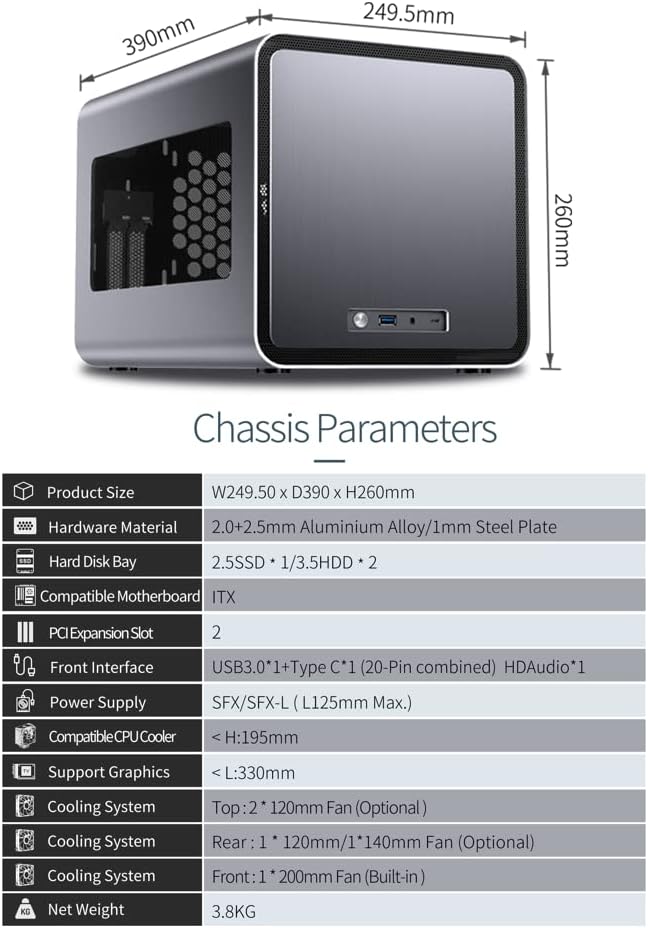 JONSBO V8 Compact Mini Aluminum ITX Case, Support 240 Liquid Cooler/330mm Graphics Card/2x3.5”HDD&1X2.5”SSD/ITX/DTX /SFX-L Power Supply, Pull-Out Structure, 1x 20cm Fan/USB3.0, Type-C/ HD Auido, Gray
