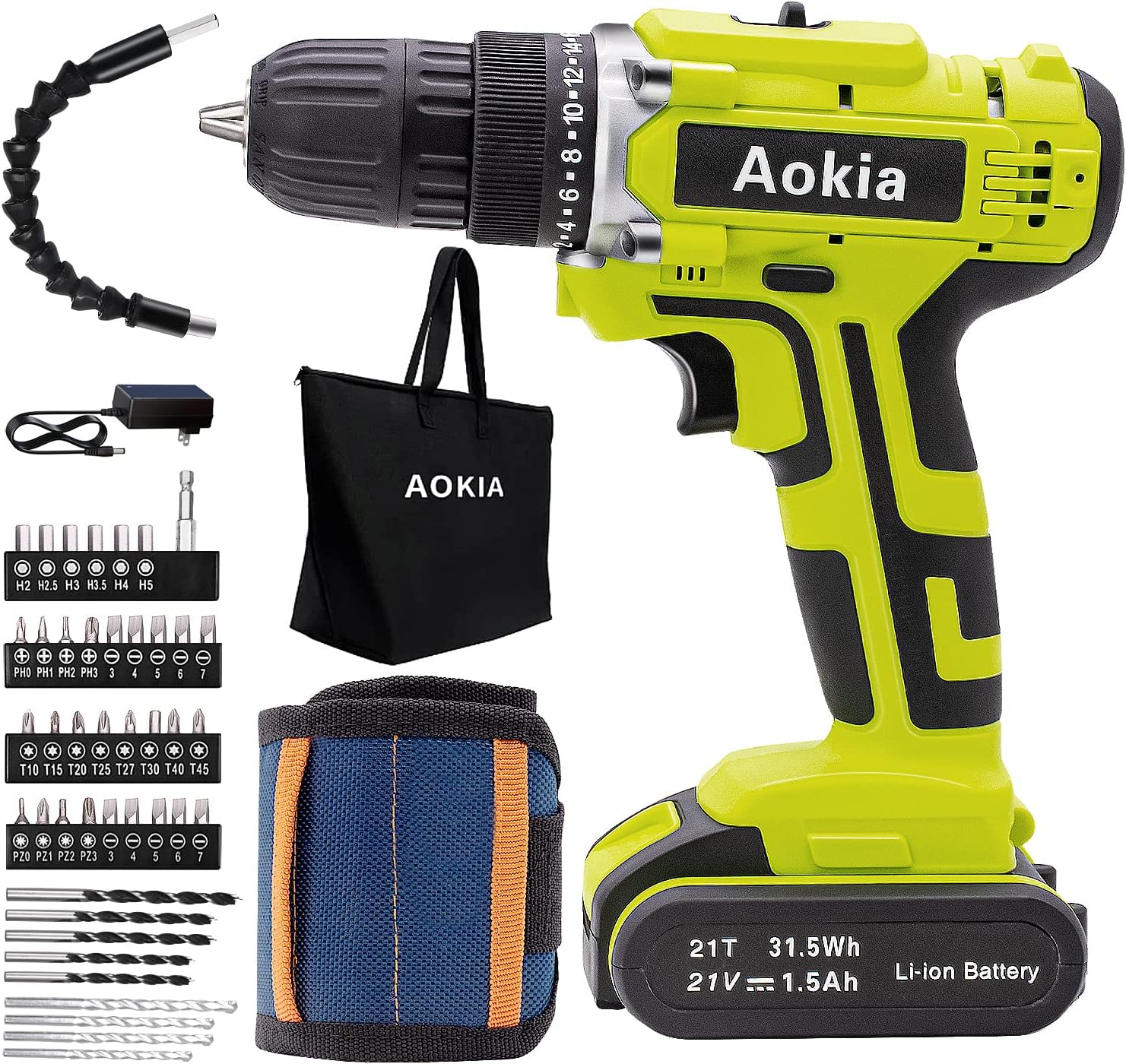 Aokia Power Cordless Drill Set: 21V Electric Driver Tool Kit Drill Driver 3/8-Inch Keyless Chuck 1500rpm Variable Speed Drilling Wall Wood Metal 43pcs Drill Bits Pack of 2