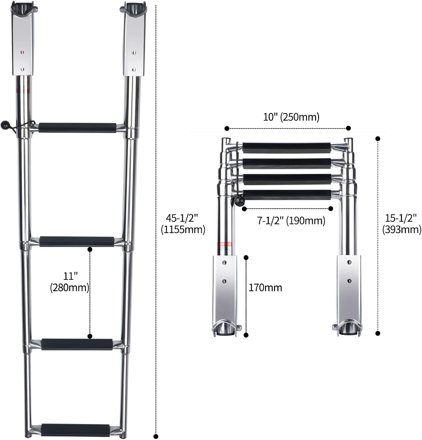Hoffen Telescopic 4 Step Ladder Stainless Steel Telescoping Extendable Boat Ladder 900 Pound Capacity for Marine Yacht / Swimming Pool Pack of 2