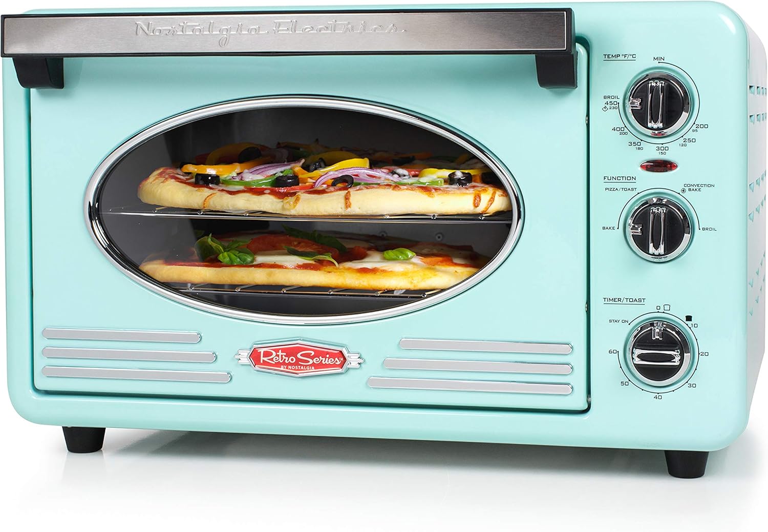 Nostalgia RTOV2AQ Large-Capacity 0.7-Cu. Ft. Capacity Multi-Functioning Retro Convection Toaster Oven, Fits 12 Slices of Bread and 2-12-Inch Pizzas, Built In Timer, Includes Baking Pan, Aqua