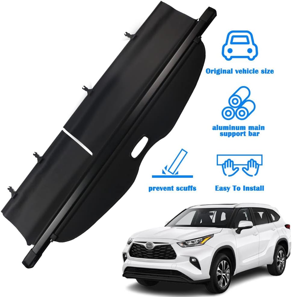Marretoo for Toyota Highlander Cargo Trunk Cover 2020 2021 2022 for Toyota Highlander Accessories Upgrade Version No Gap Black Retractable Trunk Cover Security Shield Shade