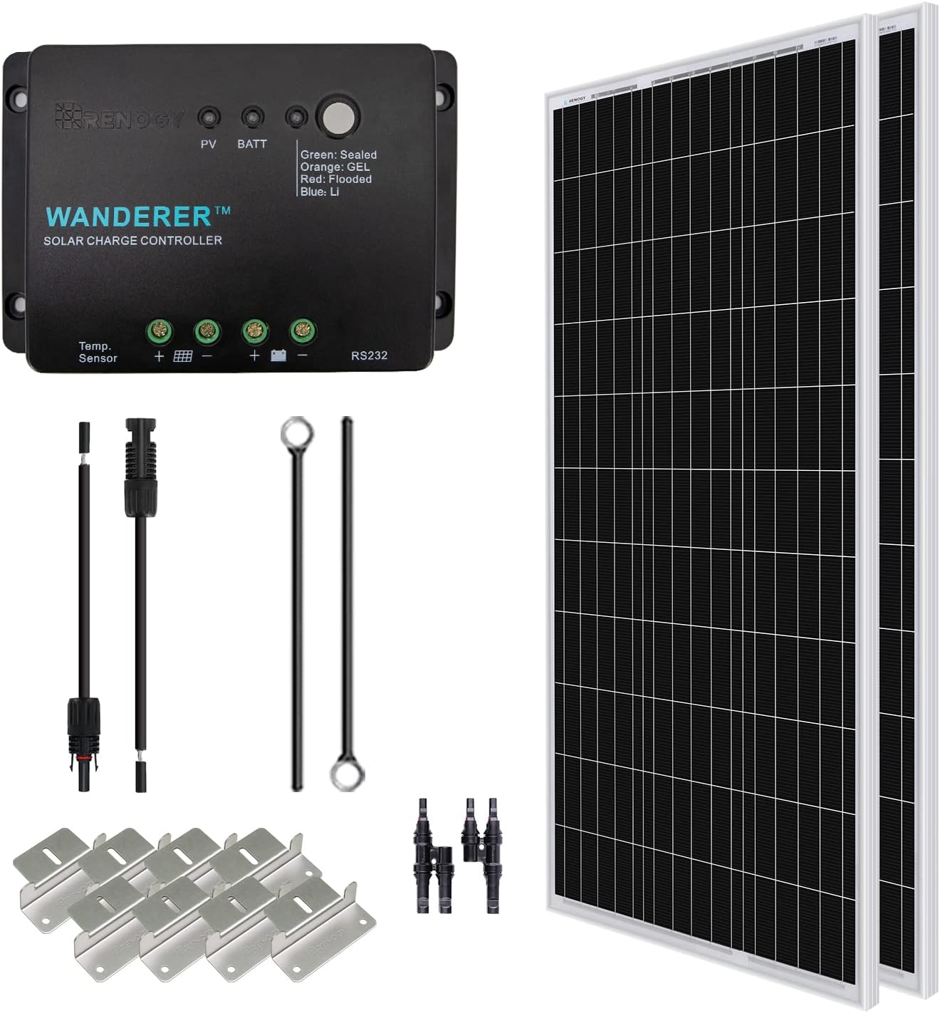 Renogy 200 Watt 12 Volt Monocrystalline Solar Panel Starter Kit with 2 Pcs 100W Monocrystalline Solar Panel and 30A PWM Charge Controller for RV, Boats, Trailer, Camper, Marine ,Off-Grid System
