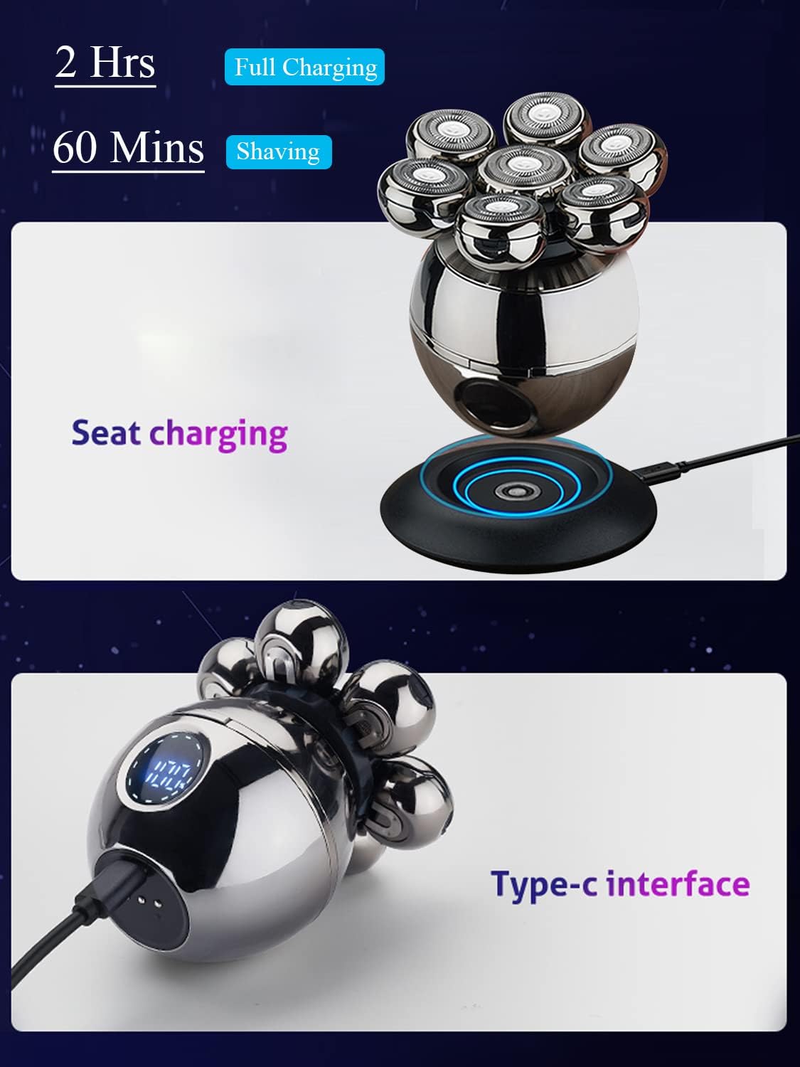 5-in-1 Electric Head Shaver for Bald Men - Rotary Design Head Shavers - Electric Men's Grooming Kit - with Rotary Blades, Clippers, Nose Trimmer, Brush, Massager - Cordless, and Rechargeable Pack of 2